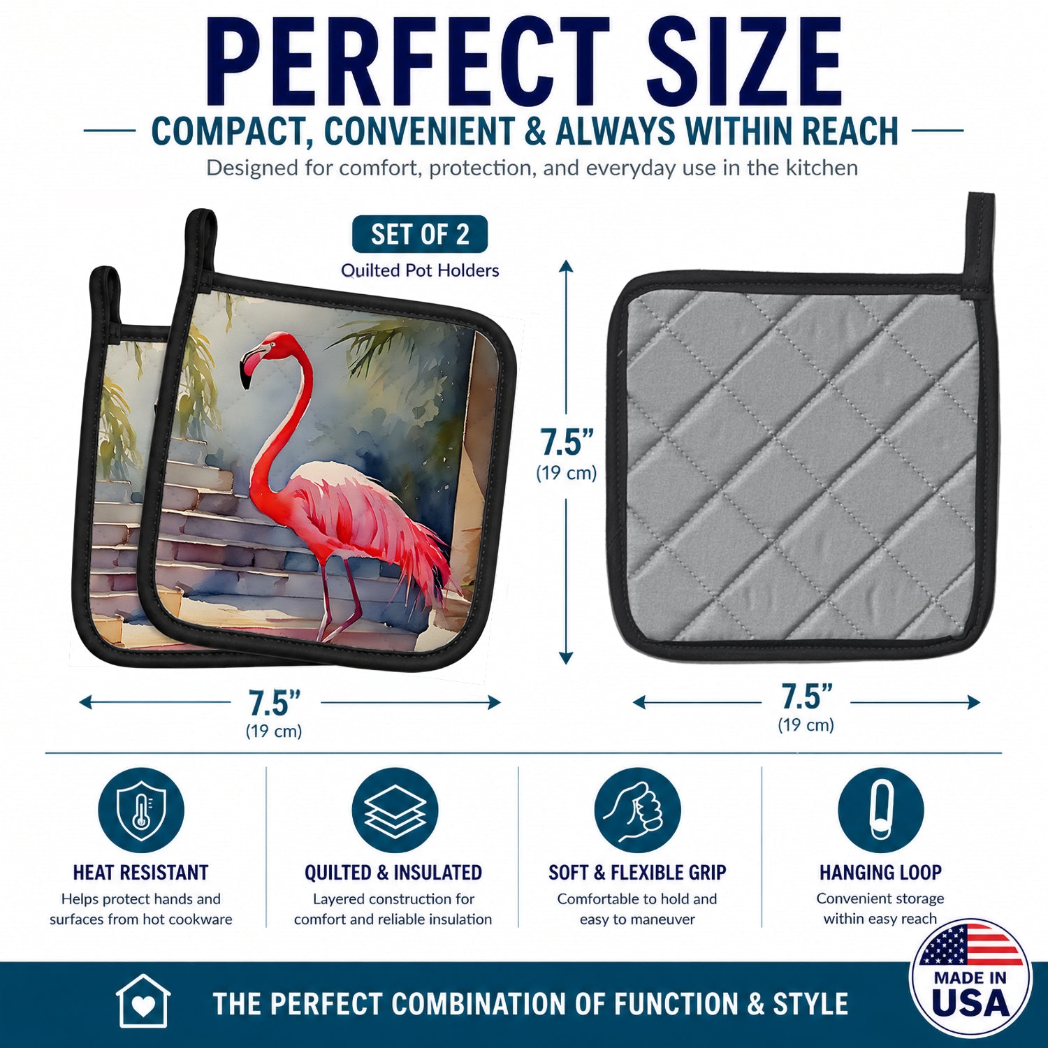 Flamingo Pot Holder Set of 2 Heat Resistant Quilted Hot Pads 7.5 x 7.5 Inch, Insulated Kitchen Trivets for Cooking & Baking