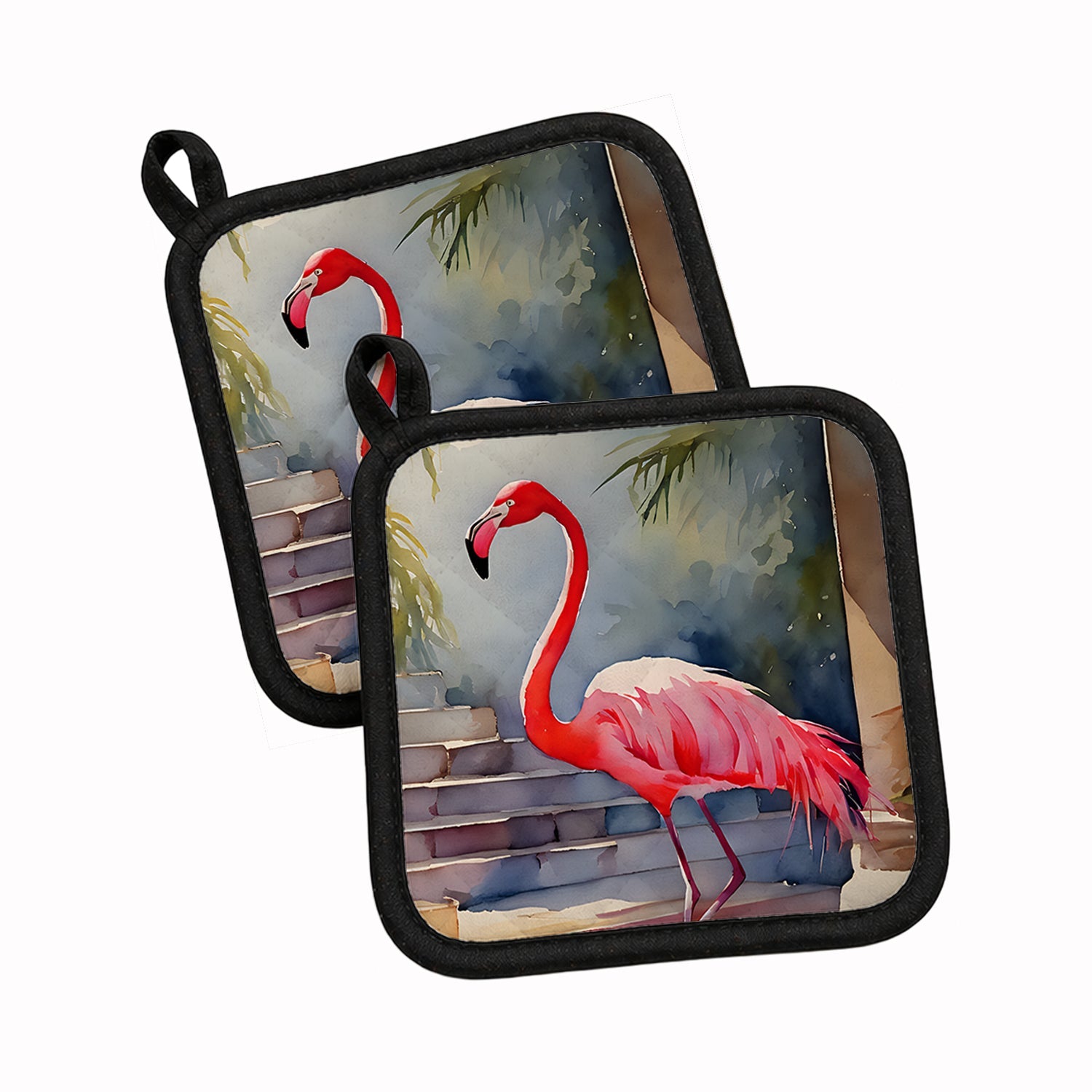 Flamingo Pot Holder Set of 2 Heat Resistant Quilted Hot Pads 7.5 x 7.5 Inch, Insulated Kitchen Trivets for Cooking & Baking