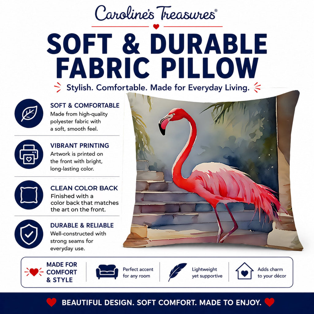 Flamingo Decorative Throw Pillow 14x14 Indoor Outdoor Accent Cushion, Fabric Cover with Insert for Sofa, Bed, Porch & Living Room