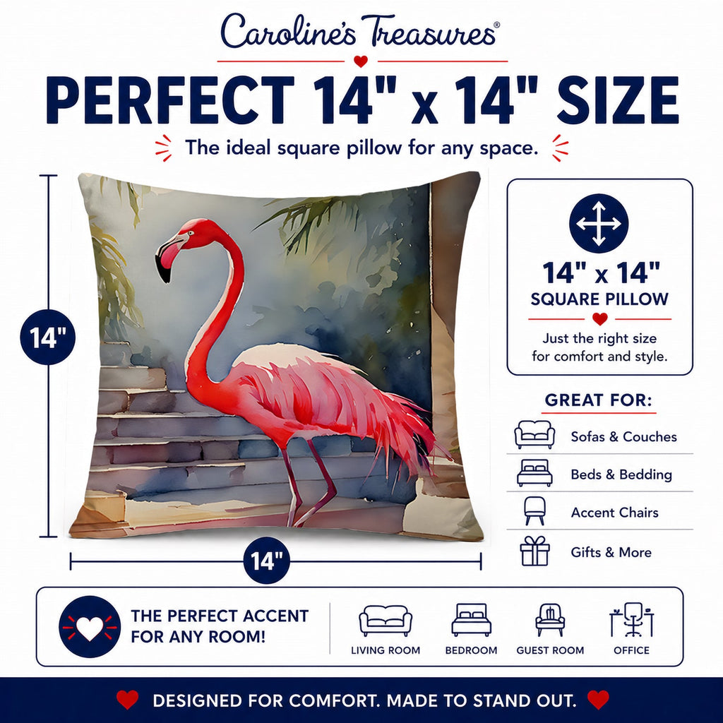 Flamingo Decorative Throw Pillow 14x14 Indoor Outdoor Accent Cushion, Fabric Cover with Insert for Sofa, Bed, Porch & Living Room