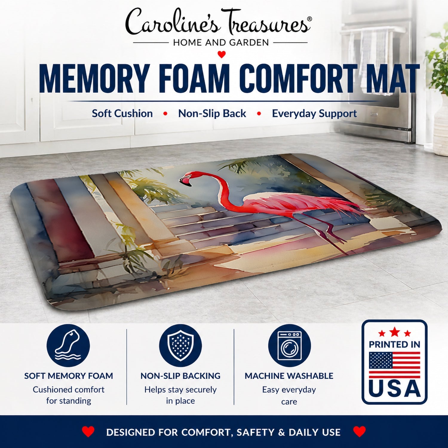 Flamingo Memory Foam Kitchen Mat Machine Washable Anti-Fatigue Cushion Comfort Bath or Kitchen Rug