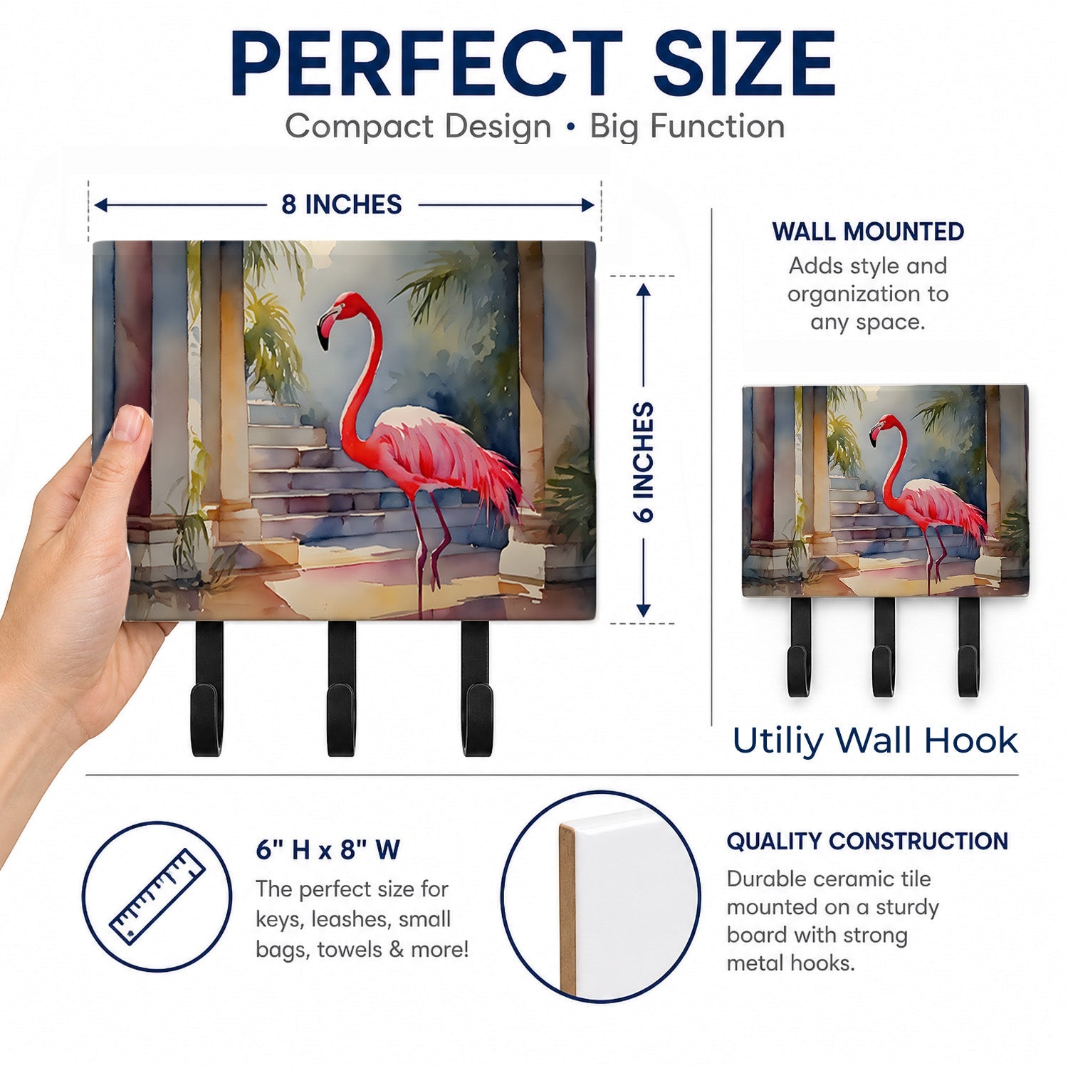 Flamingo Leash or Key Holder Wall Hooks, Coat Rack Wall Mount, for Hanging Keys, Towels, Aprons, Leashes