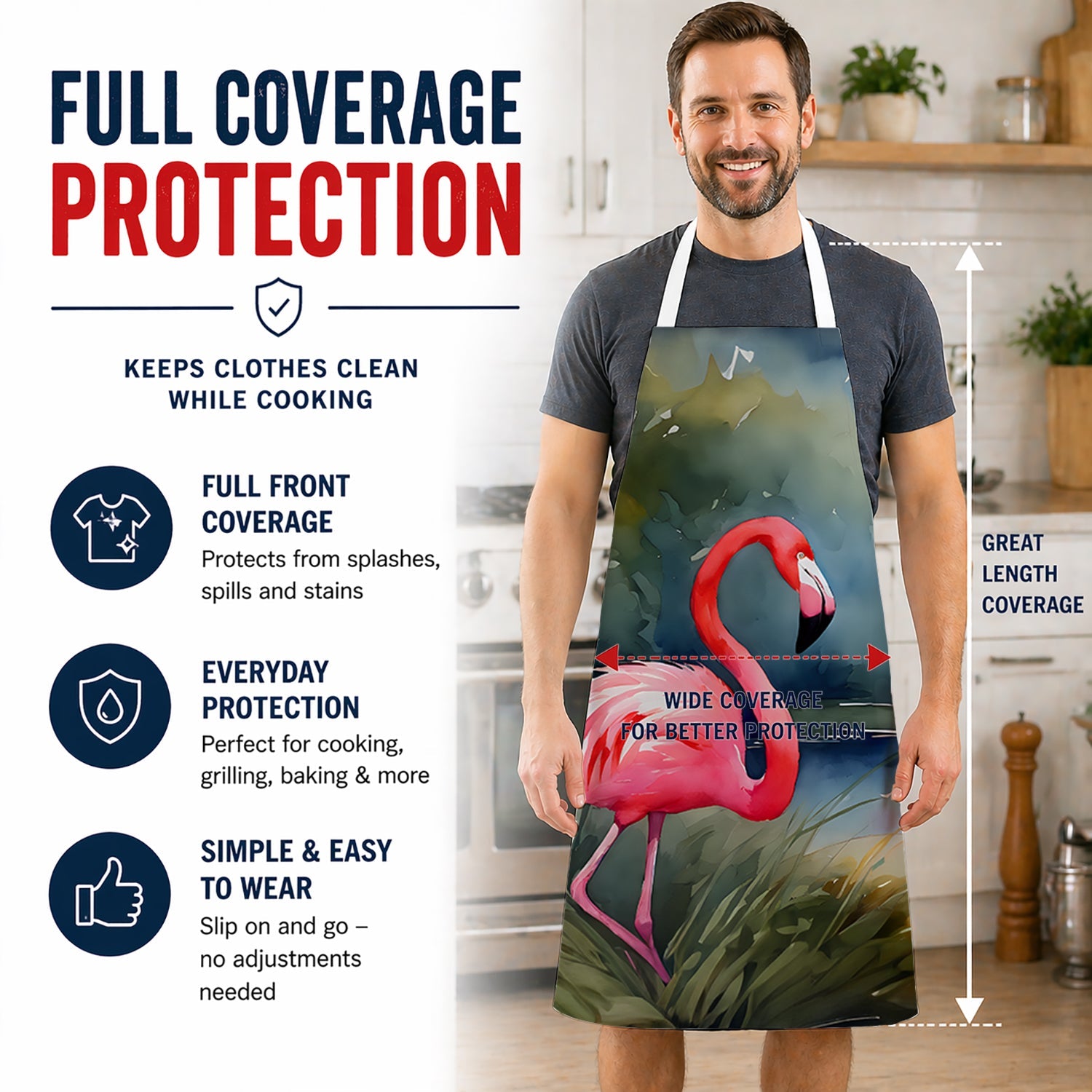 Flamingo Apron Cooking Kitchen Server Baking Crafts Gardening for Adult Women Men, Unisex, Large, Multicolor