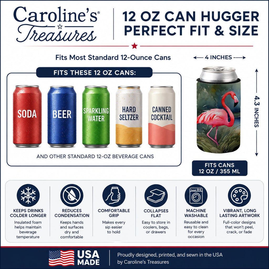 Flamingo Can or Bottle Hugger Cooler Sleeve for Standard 12 oz Cans, Insulated Foam Beer & Soda Can Hugger Reusable