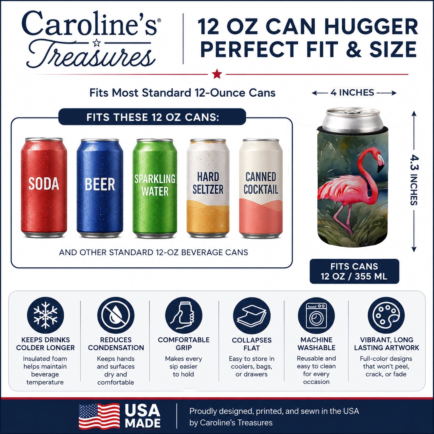 Flamingo Can or Bottle Hugger Cooler Sleeve for Standard 12 oz Cans, Insulated Foam Beer & Soda Can Hugger Reusable