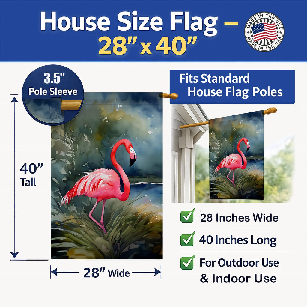 Flamingo House Flag 28x40 Porch Sleeve Pole Decorative Outside Yard Banner Artwork Wall Hanging, Polyester