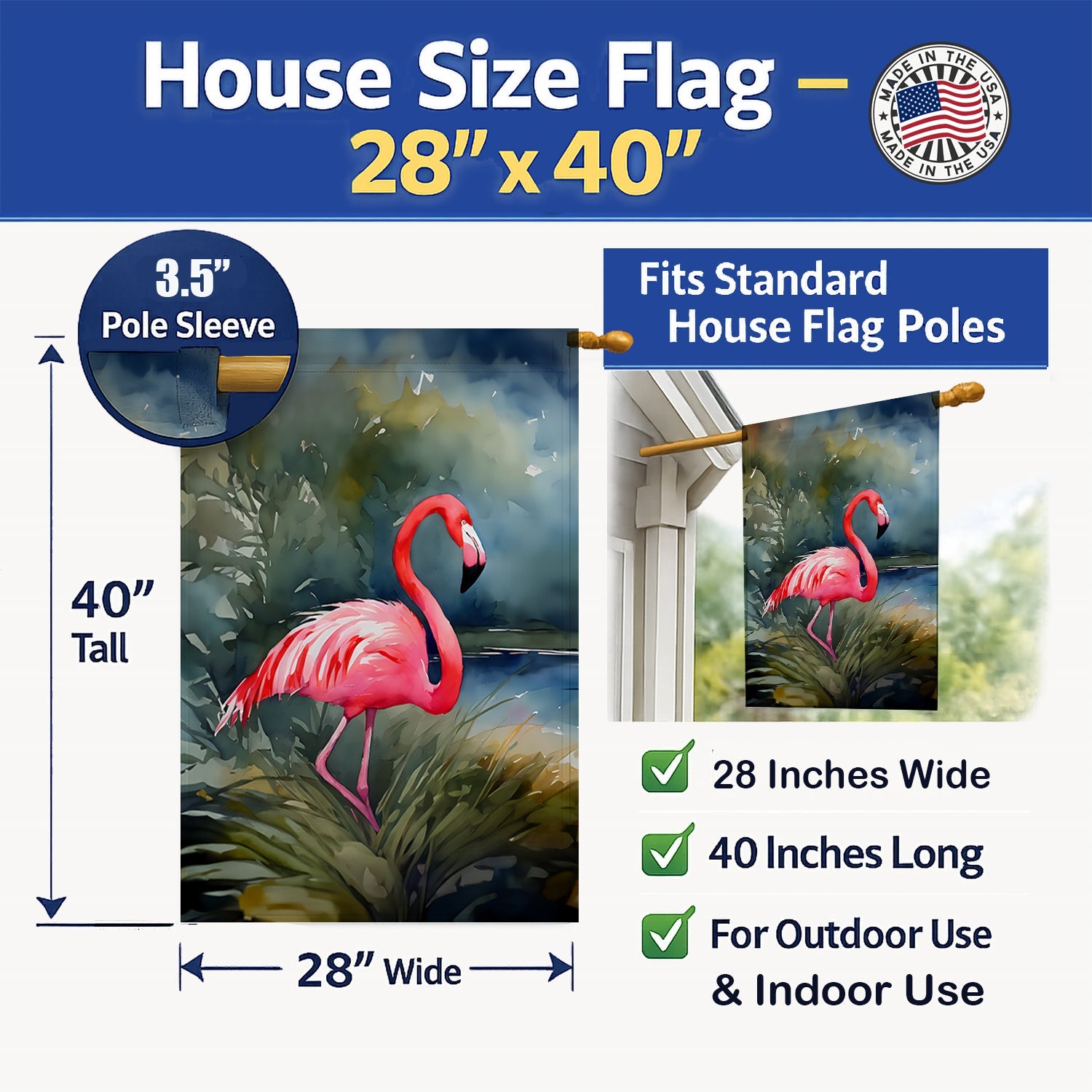 Flamingo House Flag 28x40 Porch Sleeve Pole Decorative Outside Yard Banner Artwork Wall Hanging, Polyester