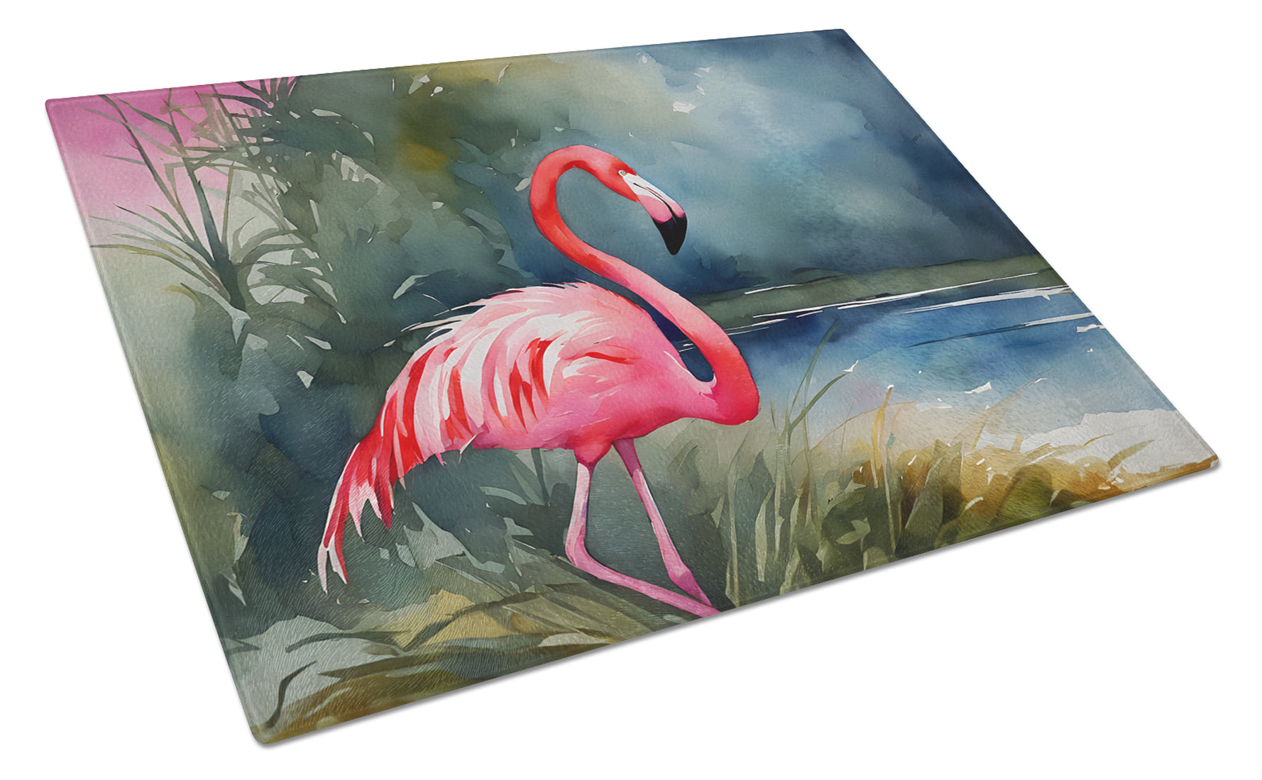 Flamingo Cutting Board Tempered Glass Kitchen Cutting Surface, Heat Resistant Chopping, Non-Slip Feet, Food Prep & Serving