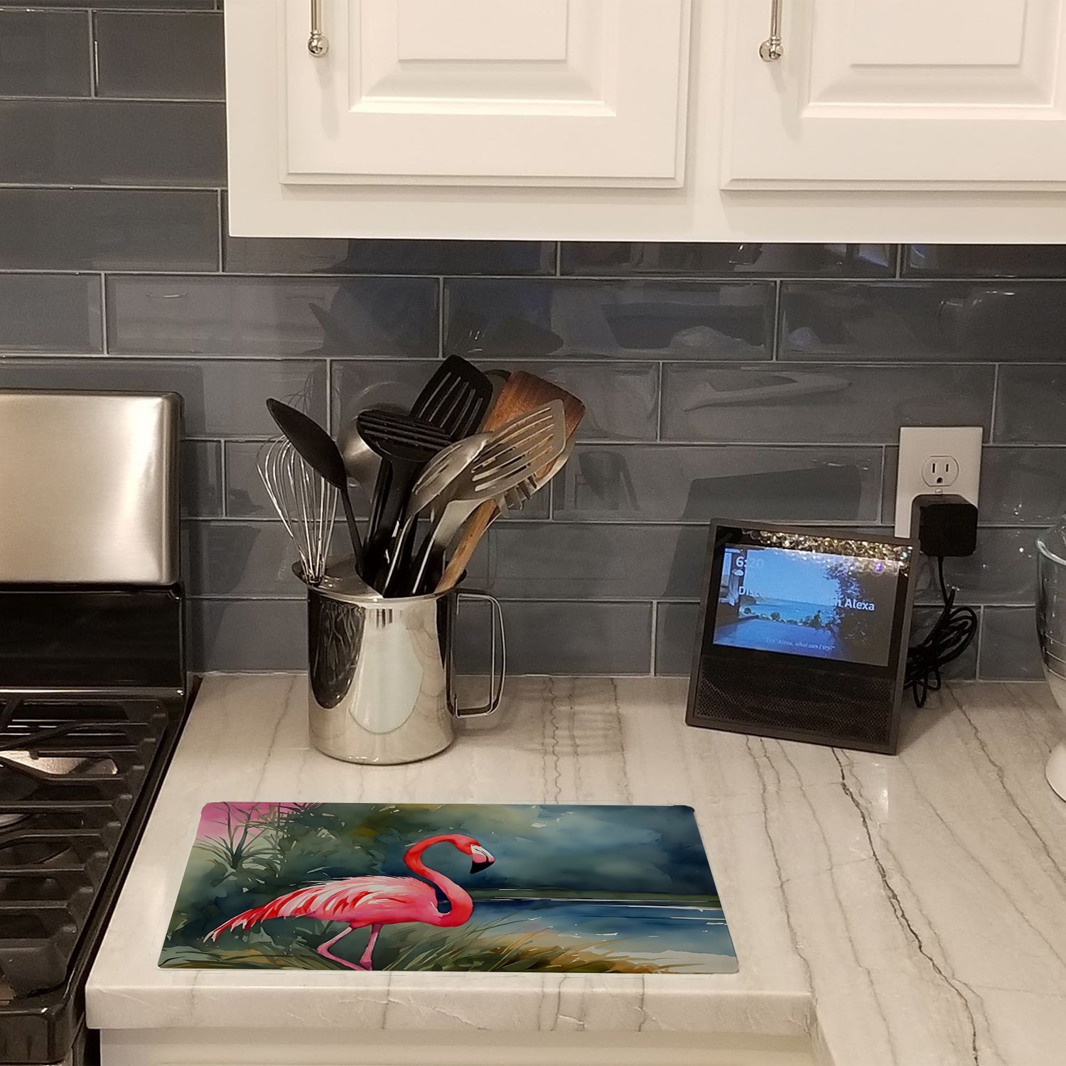 Flamingo Cutting Board Tempered Glass Kitchen Cutting Surface, Heat Resistant Chopping, Non-Slip Feet, Food Prep & Serving