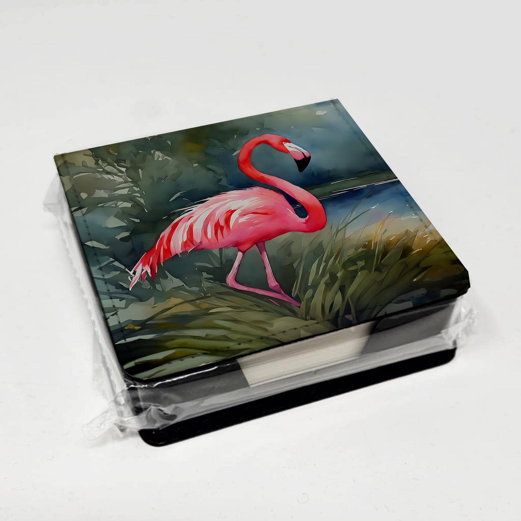 Flamingo PU Leather Note Paper Holder with Artist-Designed Cover, Desk Accessory, Office Gift