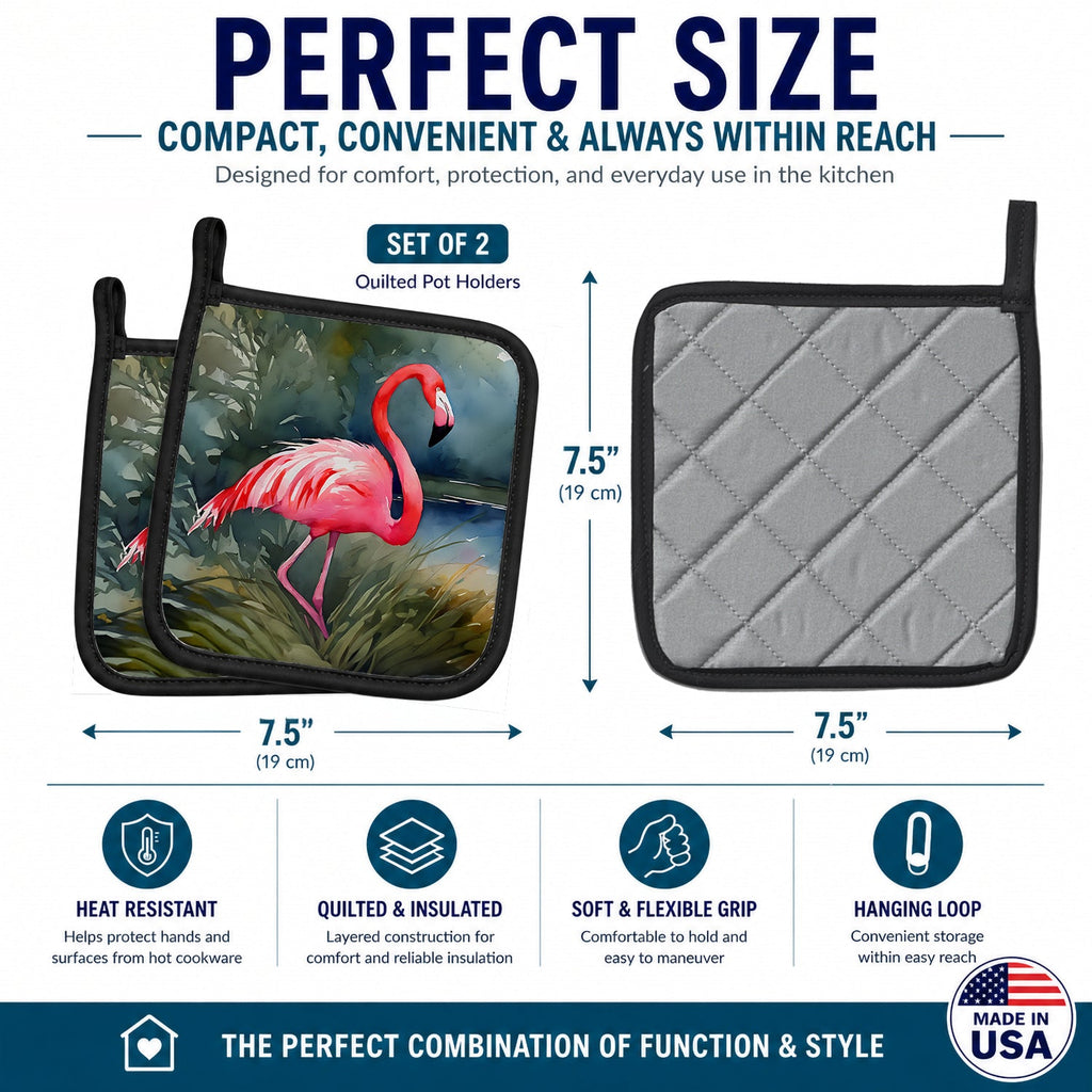 Flamingo Pot Holder Set of 2 Heat Resistant Quilted Hot Pads 7.5 x 7.5 Inch, Insulated Kitchen Trivets for Cooking & Baking