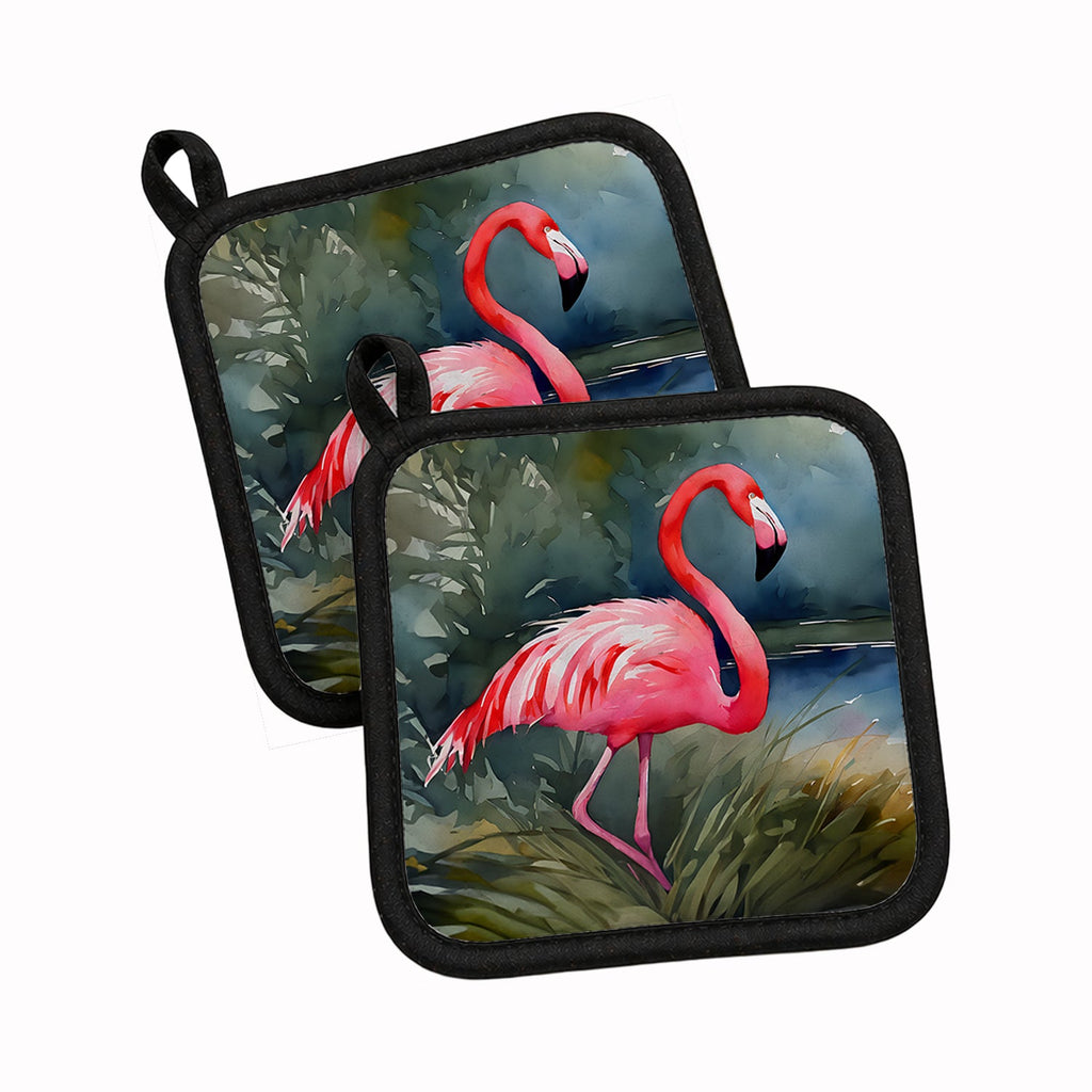 Flamingo Pot Holder Set of 2 Heat Resistant Quilted Hot Pads 7.5 x 7.5 Inch, Insulated Kitchen Trivets for Cooking & Baking