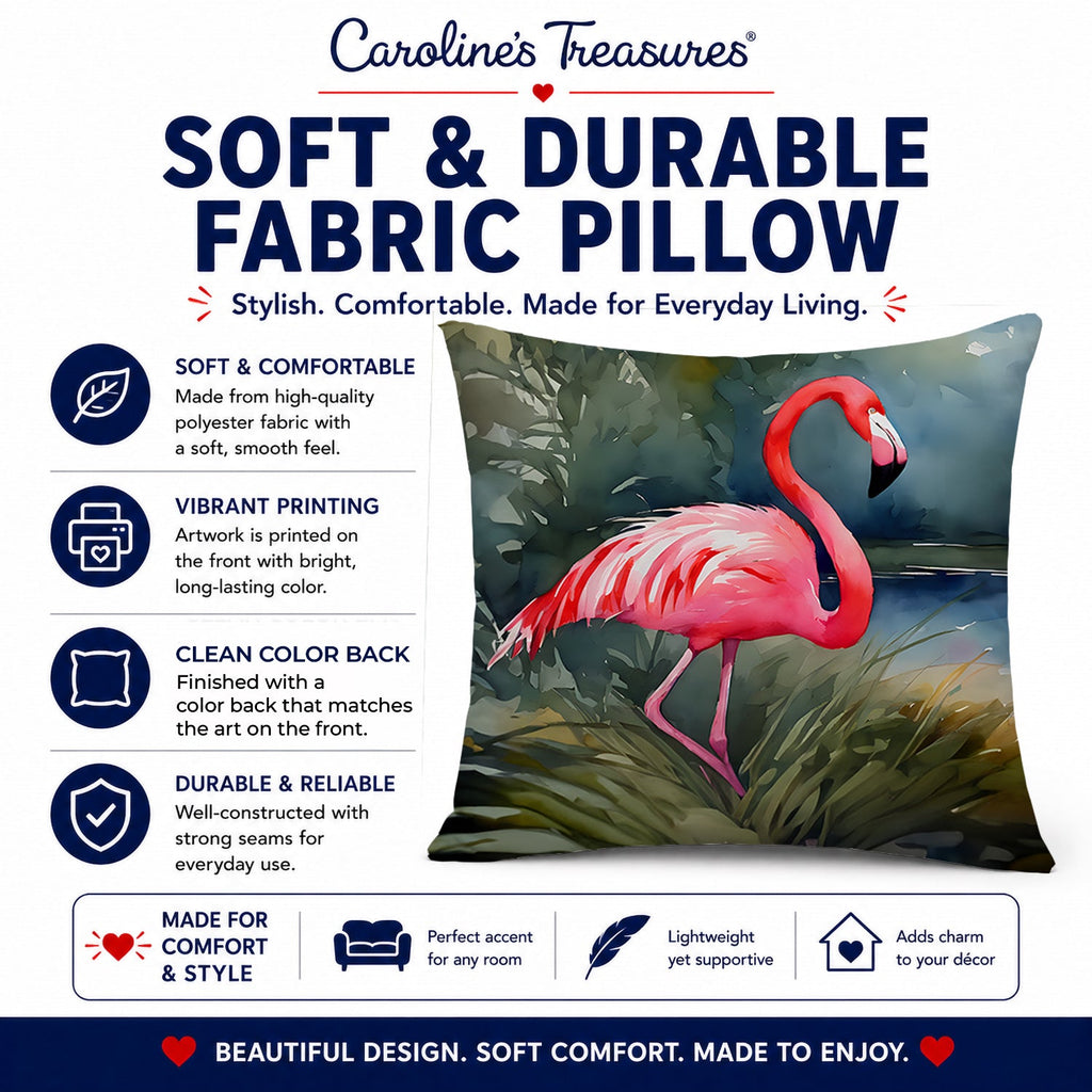 Flamingo Decorative Throw Pillow 14x14 Indoor Outdoor Accent Cushion, Fabric Cover with Insert for Sofa, Bed, Porch & Living Room
