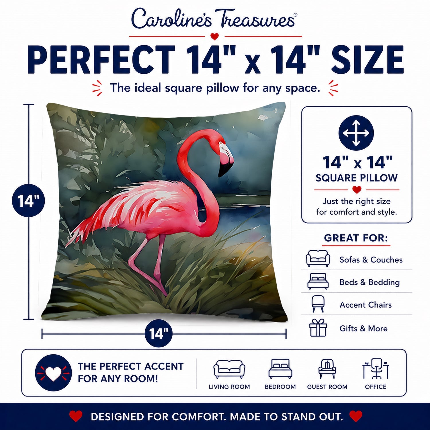 Flamingo Decorative Throw Pillow 14x14 Indoor Outdoor Accent Cushion, Fabric Cover with Insert for Sofa, Bed, Porch & Living Room