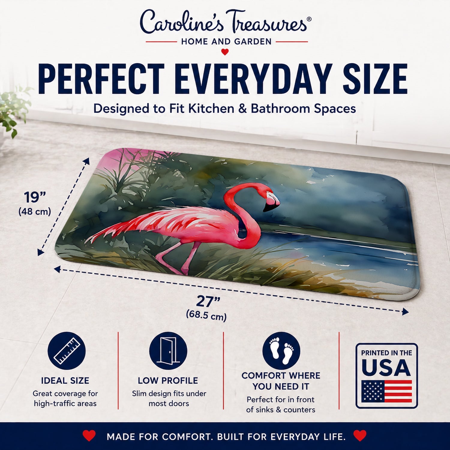 Flamingo Memory Foam Kitchen Mat Machine Washable Anti-Fatigue Cushion Comfort Bath or Kitchen Rug