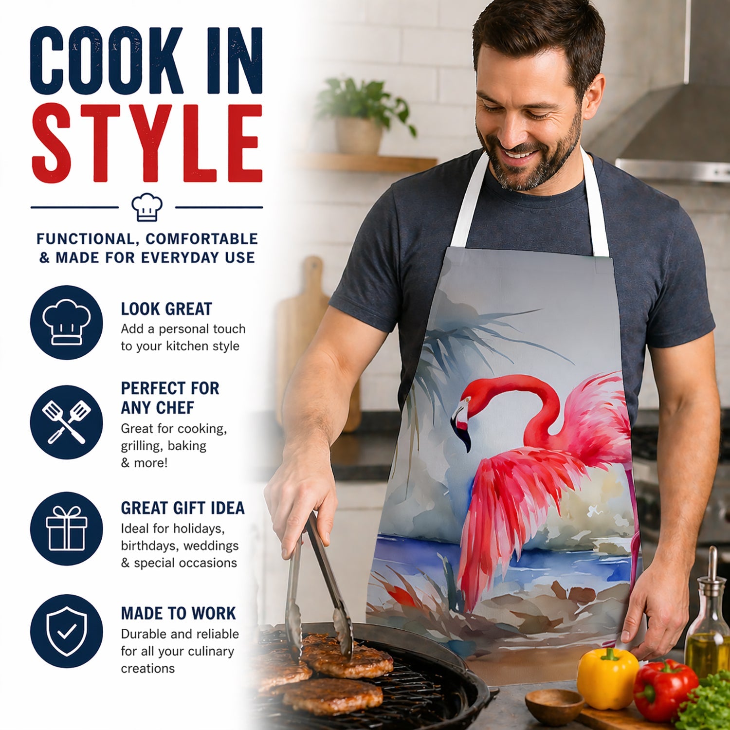 Flamingo Apron Cooking Kitchen Server Baking Crafts Gardening for Adult Women Men, Unisex, Large, Multicolor