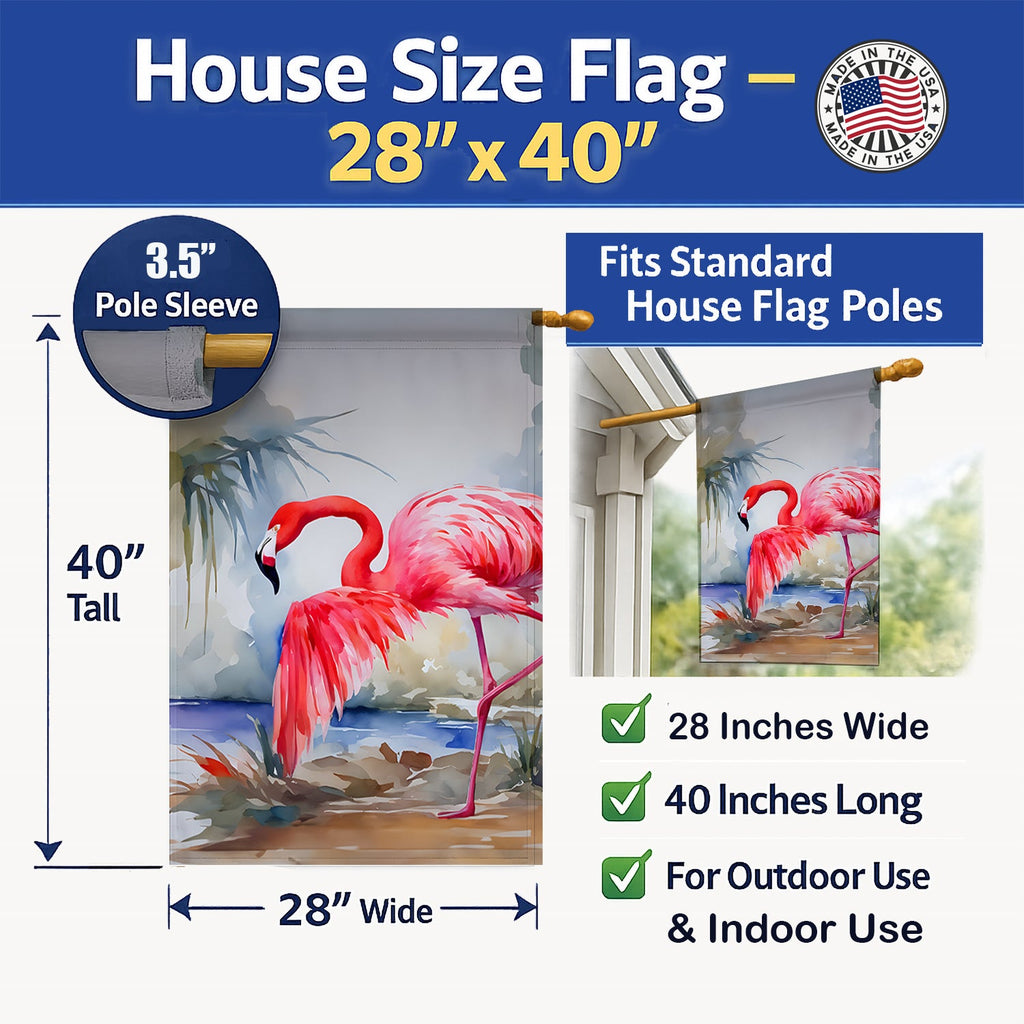 Flamingo House Flag 28x40 Porch Sleeve Pole Decorative Outside Yard Banner Artwork Wall Hanging, Polyester