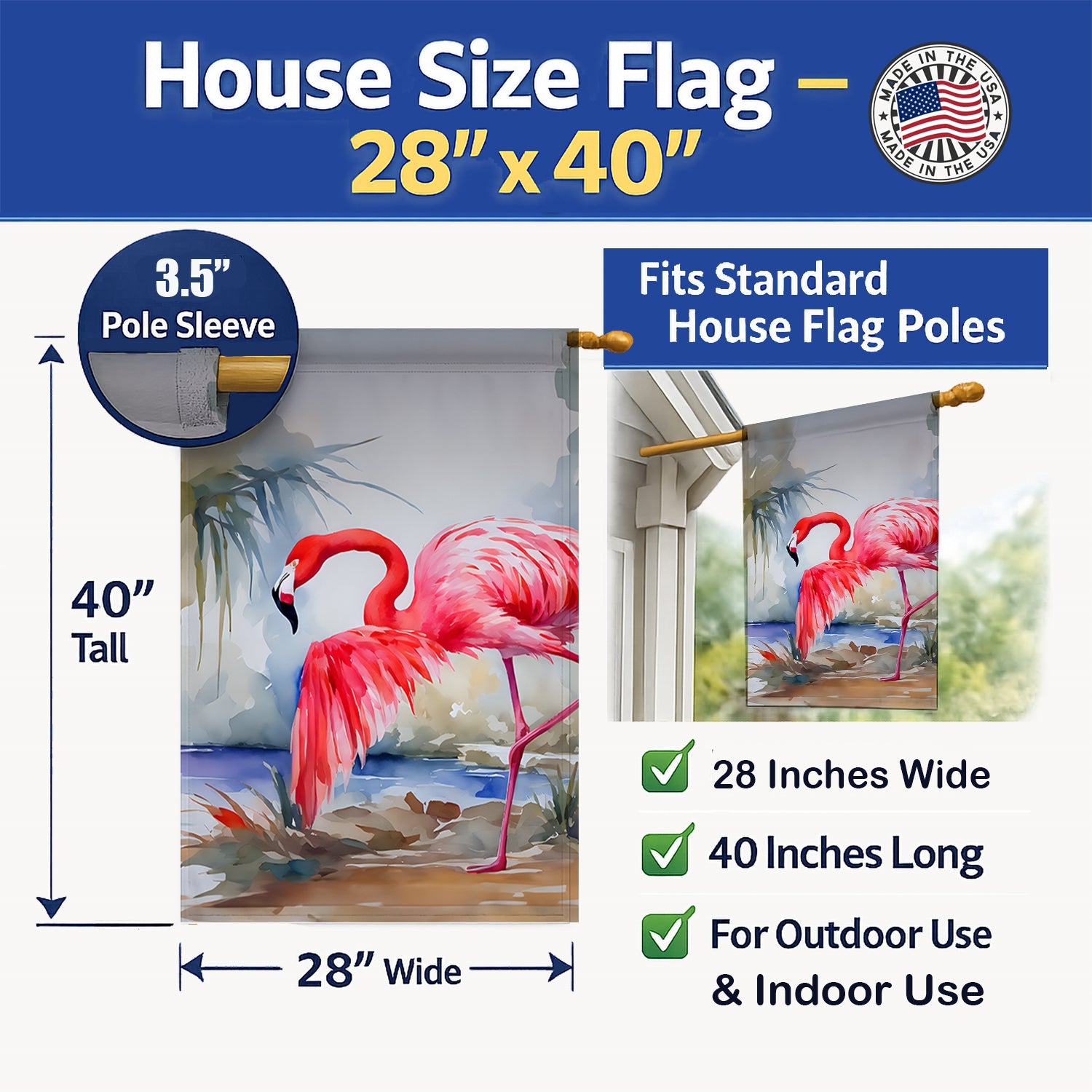 Flamingo House Flag 28x40 Porch Sleeve Pole Decorative Outside Yard Banner Artwork Wall Hanging, Polyester