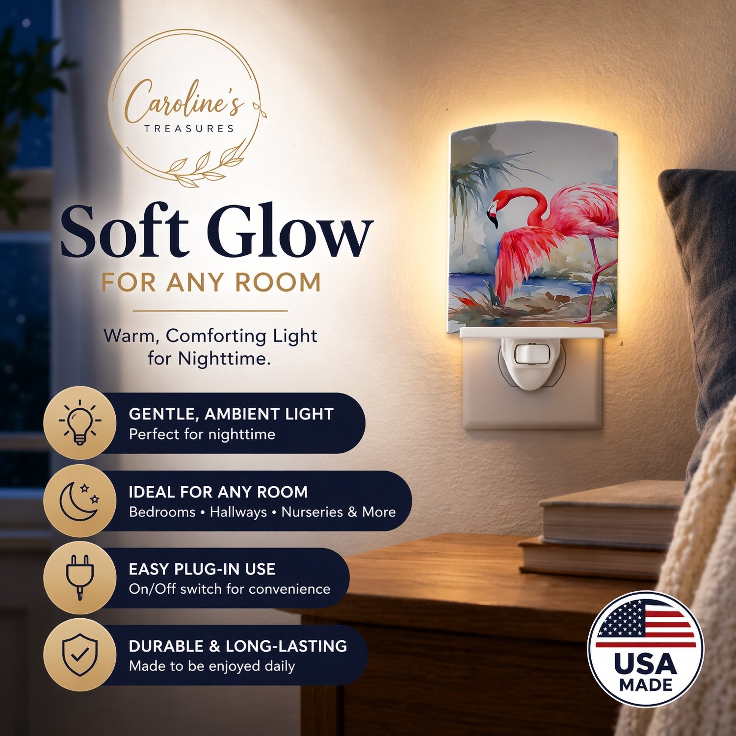 Flamingo Ceramic Night Light Compact, UL-Certified, Ideal for Bedroom, Bathroom, Nursery, Hallway, Kitchen, 6x4x3, Multicolor