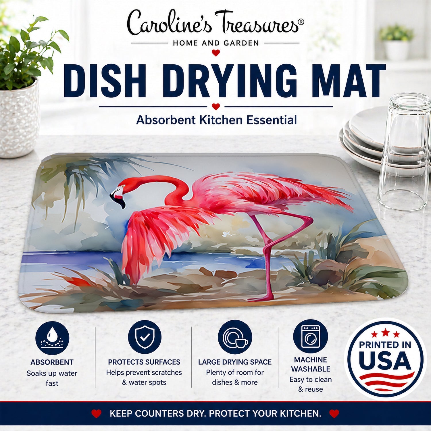 Flamingo Dish Drying Mat Absorbent Dish Drying Mat Pad for Kitchen Counter Dish Drainer Mat for Countertop, 14 x 21", Multicolor