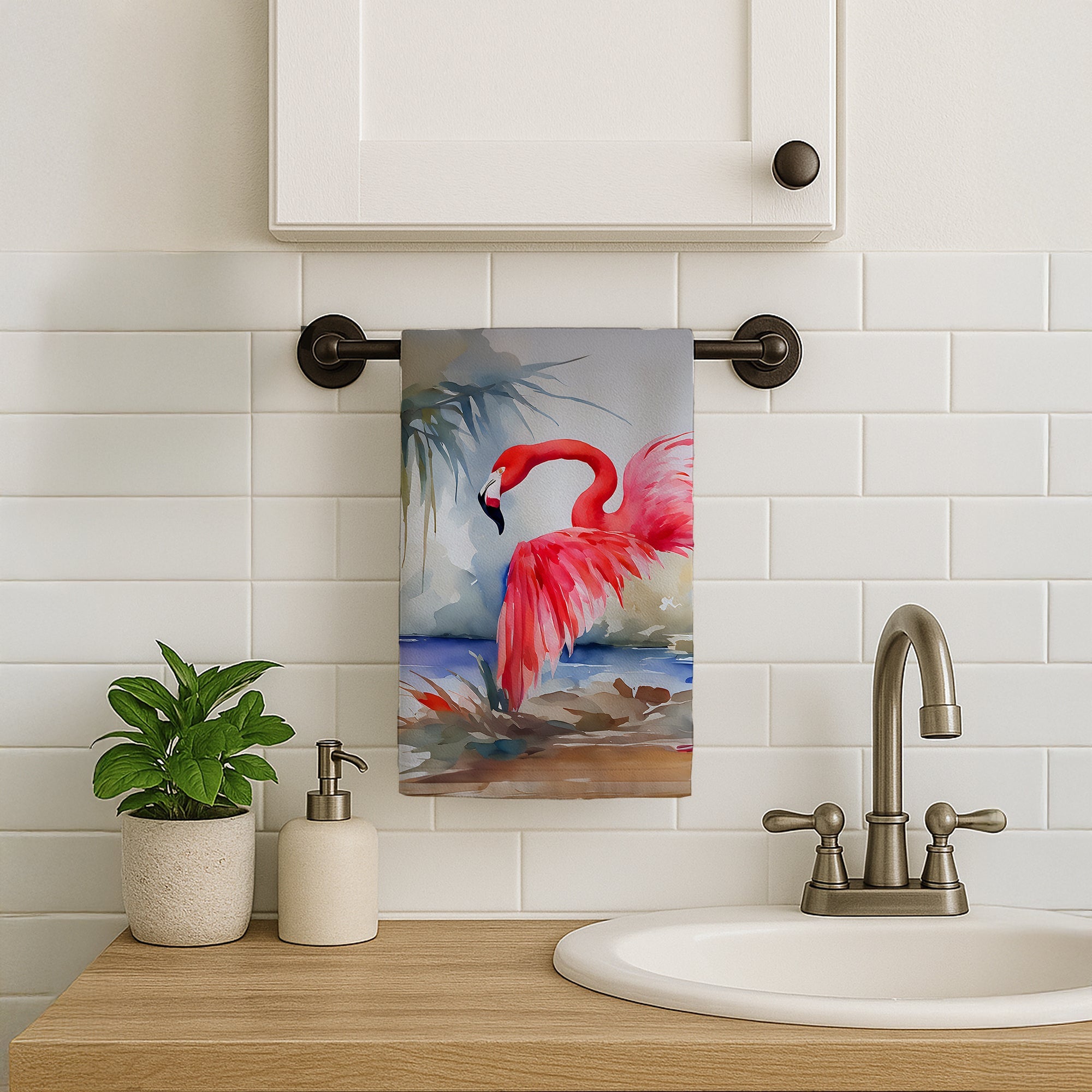 Flamingo Kitchen Towel Velour Plush Front and Cotton Loop Back Machine Washable