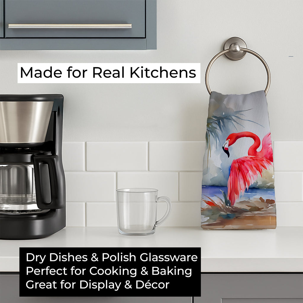 Flamingo Kitchen Towel Velour Plush Front and Cotton Loop Back Machine Washable