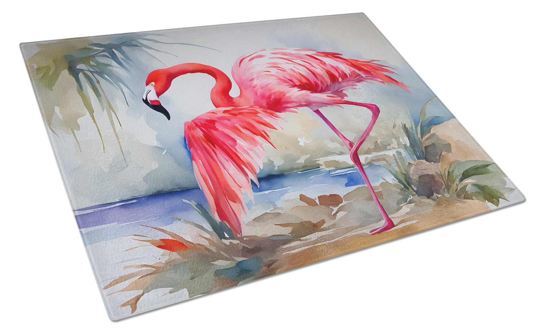 Flamingo Cutting Board Tempered Glass Kitchen Cutting Surface, Heat Resistant Chopping, Non-Slip Feet, Food Prep & Serving