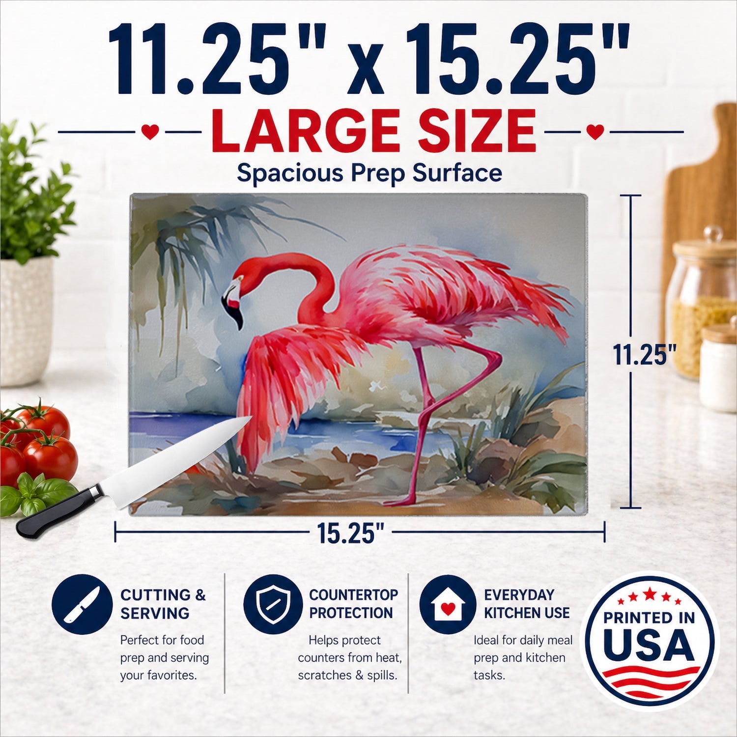 Flamingo Cutting Board Tempered Glass Kitchen Cutting Surface, Heat Resistant Chopping, Non-Slip Feet, Food Prep & Serving