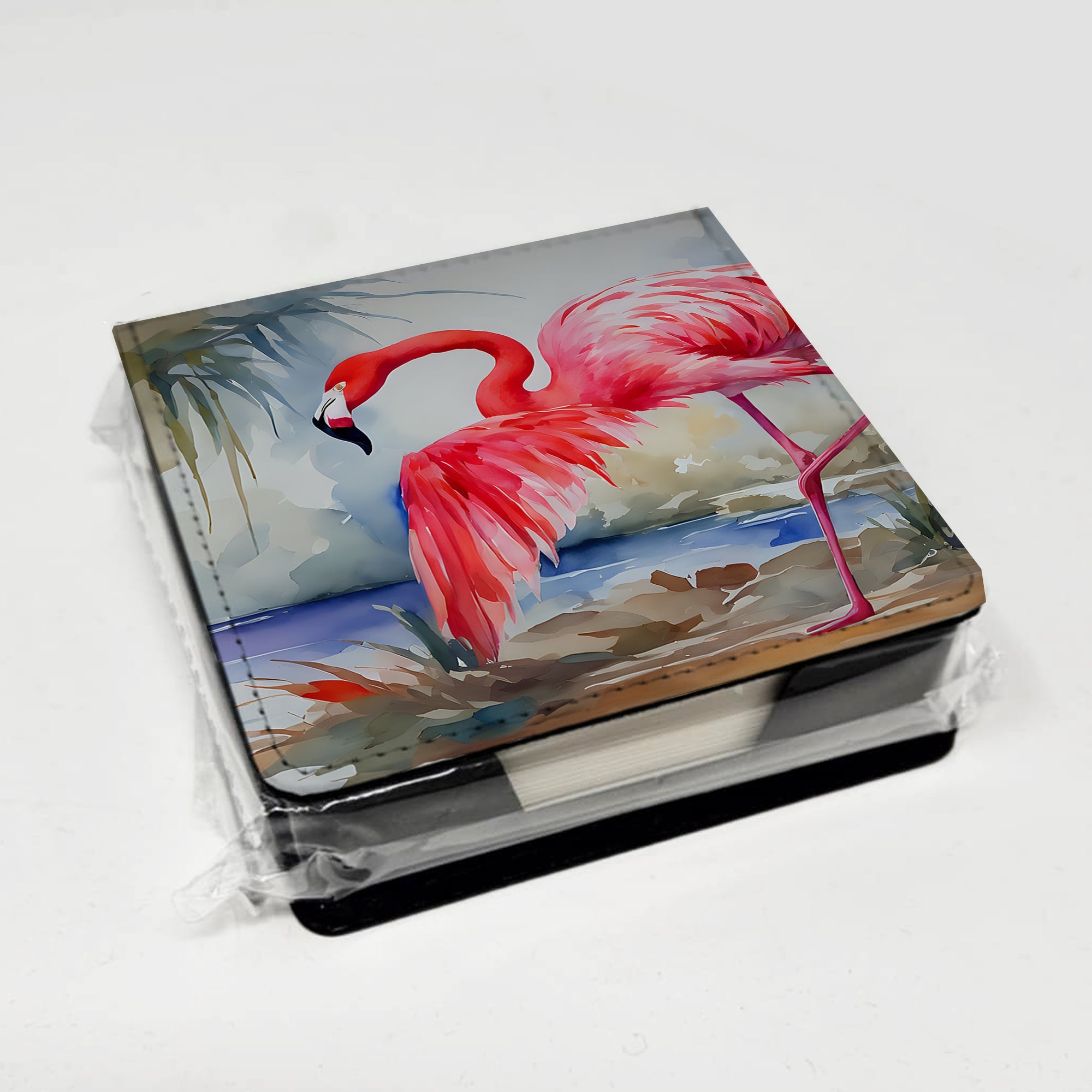 Flamingo PU Leather Note Paper Holder with Artist-Designed Cover, Desk Accessory, Office Gift