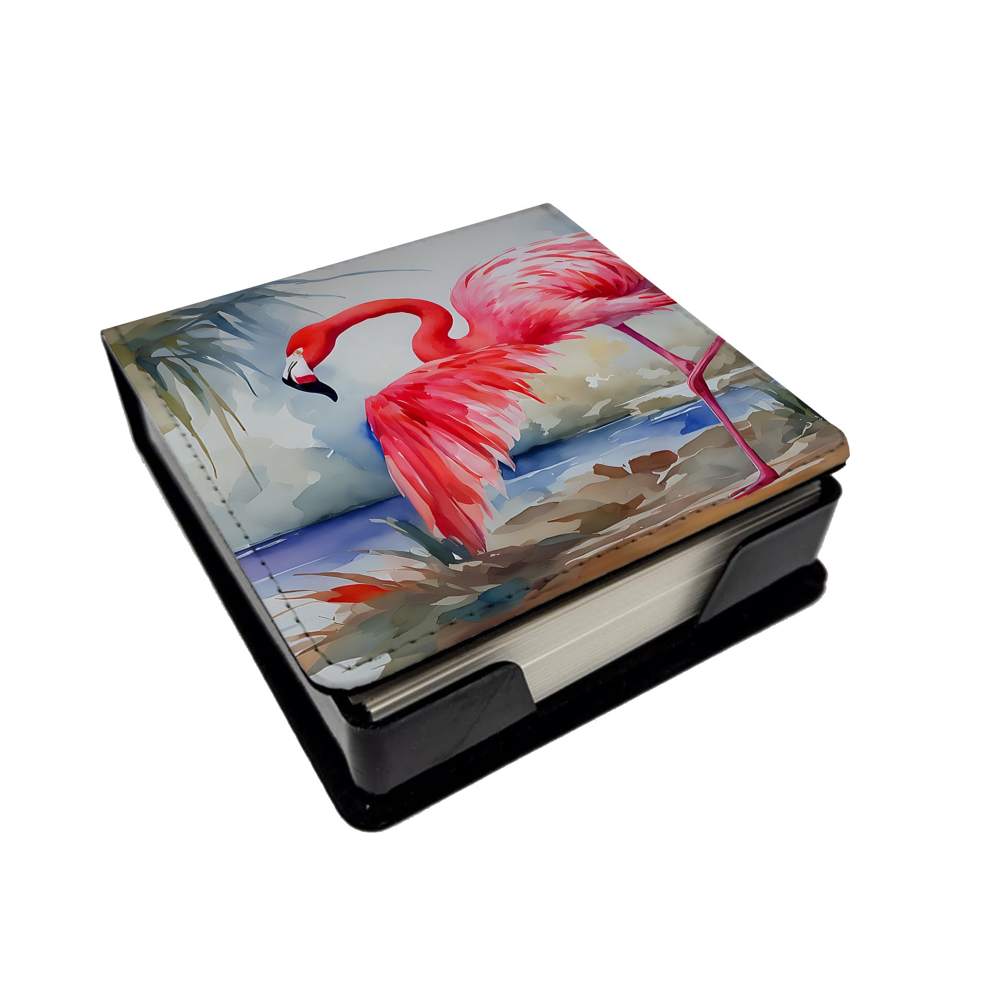 Flamingo PU Leather Note Paper Holder with Artist-Designed Cover, Desk Accessory, Office Gift