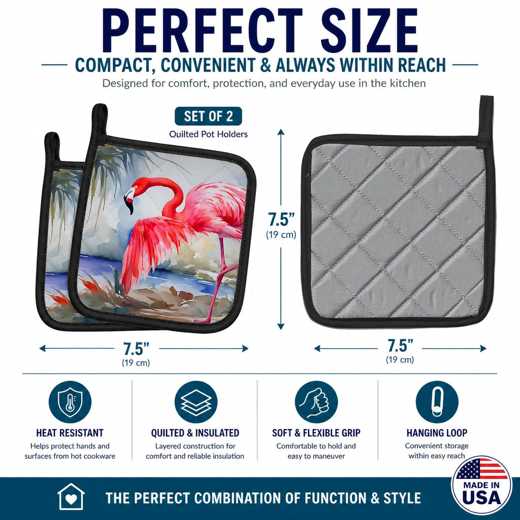 Flamingo Pot Holder Set of 2 Heat Resistant Quilted Hot Pads 7.5 x 7.5 Inch, Insulated Kitchen Trivets for Cooking & Baking