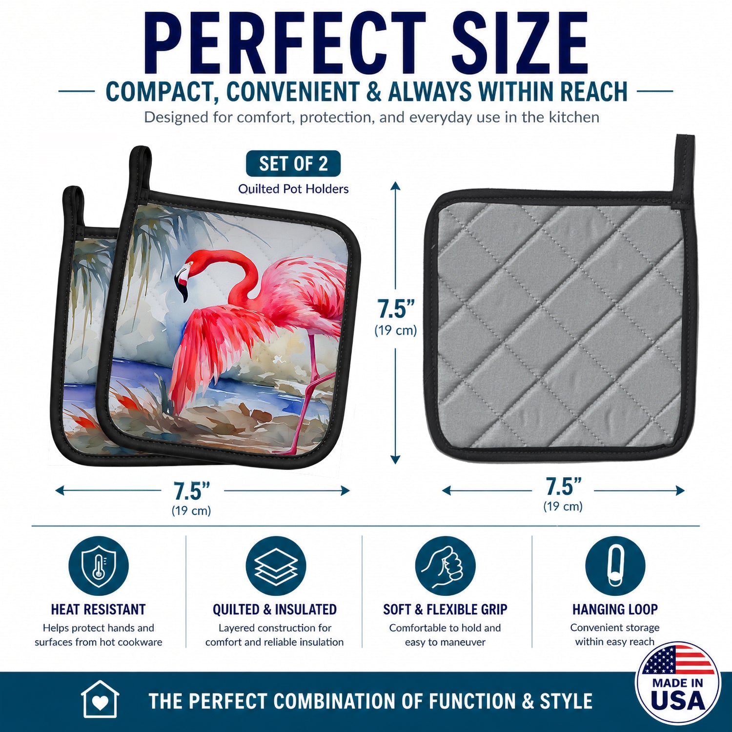 Flamingo Pot Holder Set of 2 Heat Resistant Quilted Hot Pads 7.5 x 7.5 Inch, Insulated Kitchen Trivets for Cooking & Baking