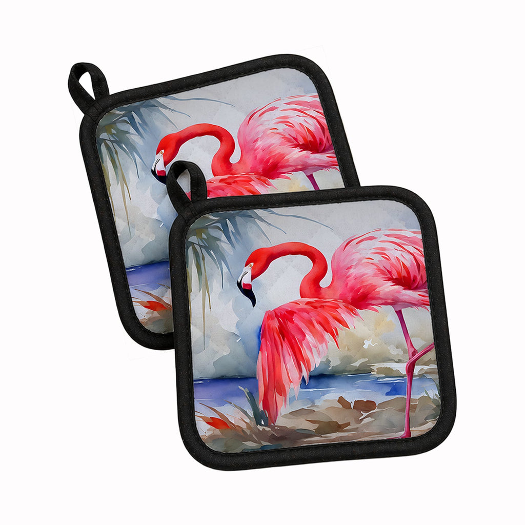 Flamingo Pot Holder Set of 2 Heat Resistant Quilted Hot Pads 7.5 x 7.5 Inch, Insulated Kitchen Trivets for Cooking & Baking