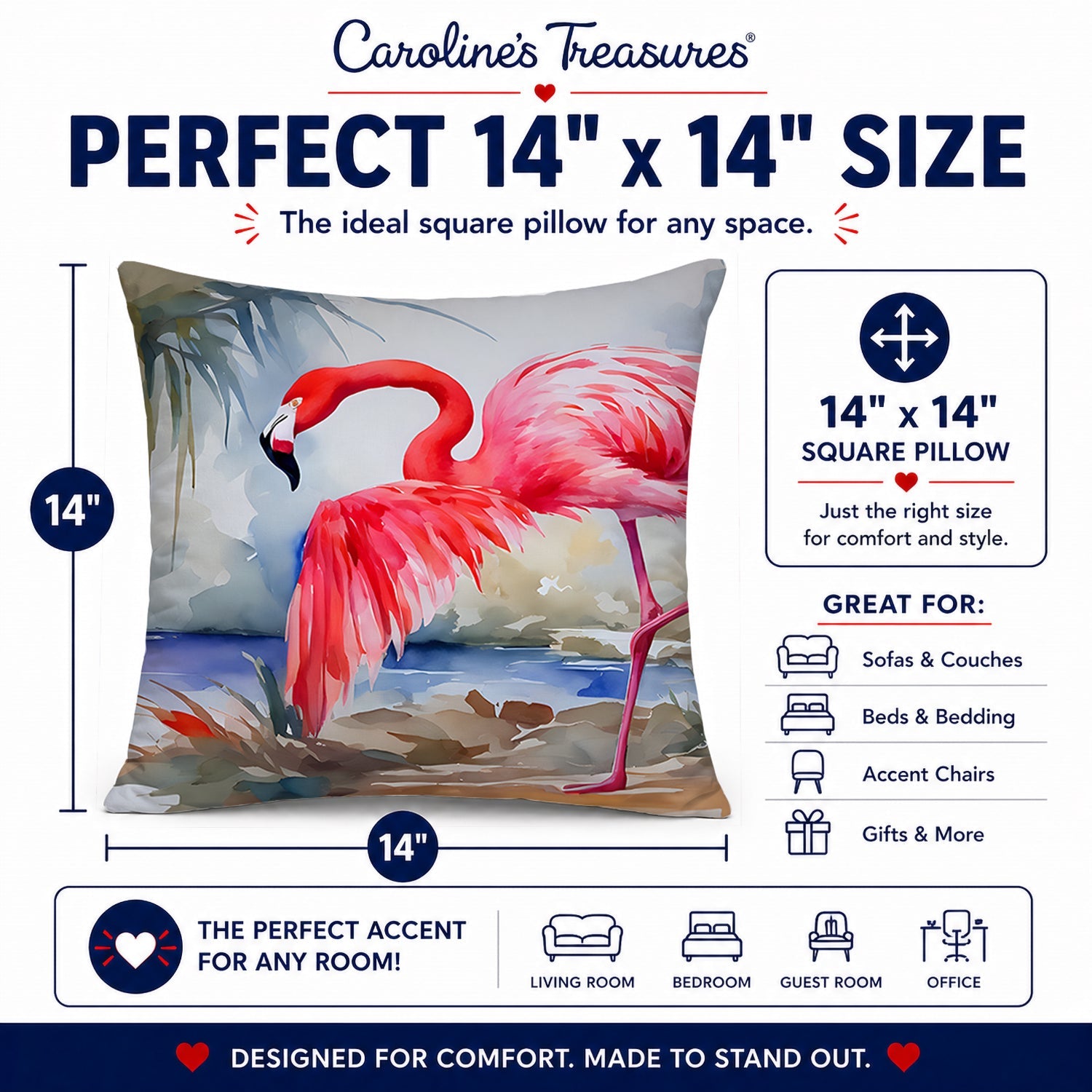 Flamingo Decorative Throw Pillow 14x14 Indoor Outdoor Accent Cushion, Fabric Cover with Insert for Sofa, Bed, Porch & Living Room