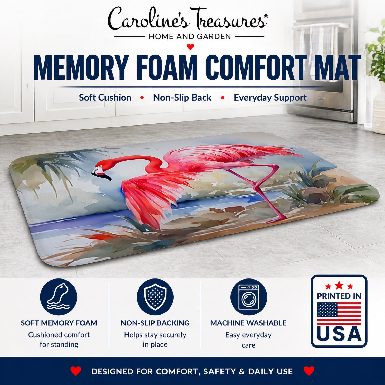 Flamingo Memory Foam Kitchen Mat Machine Washable Anti-Fatigue Cushion Comfort Bath or Kitchen Rug