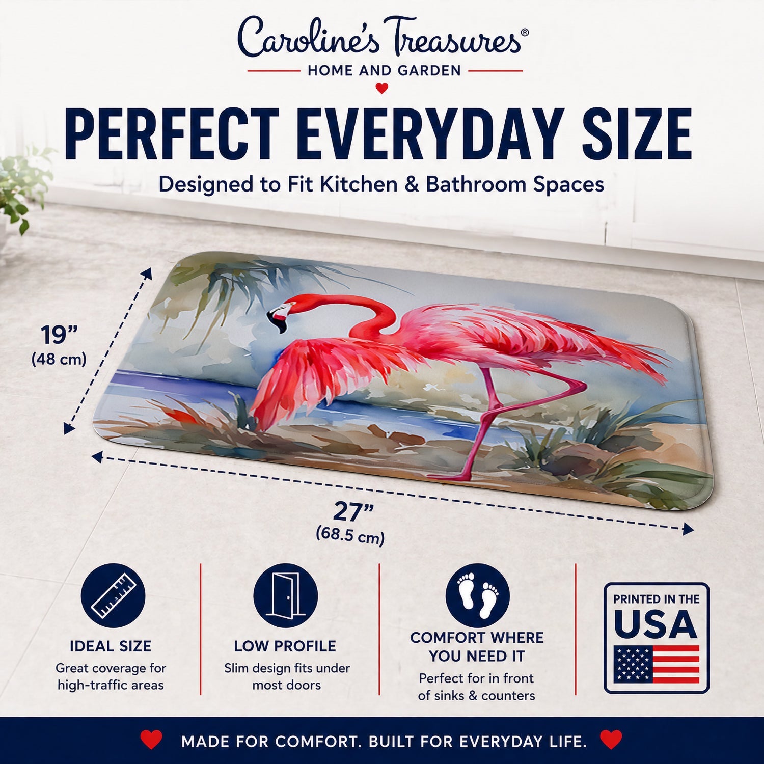 Flamingo Memory Foam Kitchen Mat Machine Washable Anti-Fatigue Cushion Comfort Bath or Kitchen Rug