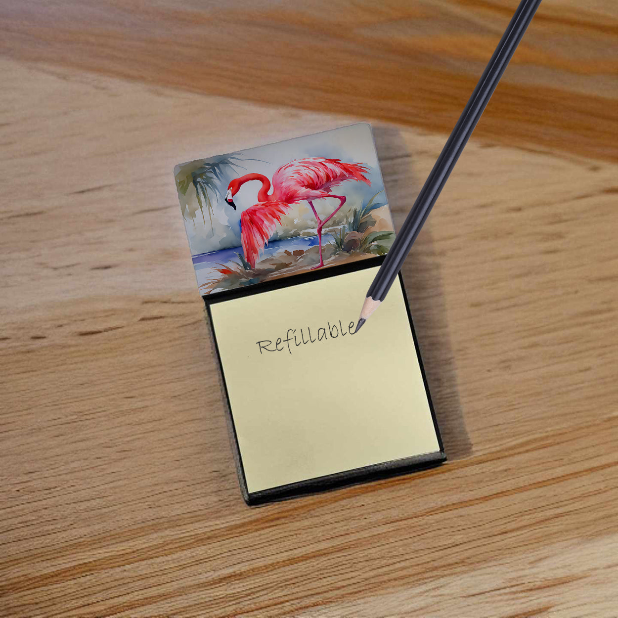 Flamingo Watercolor Sticky Note Holder Refillable Dispenser Desk Accessory 3x3 Pad Gift