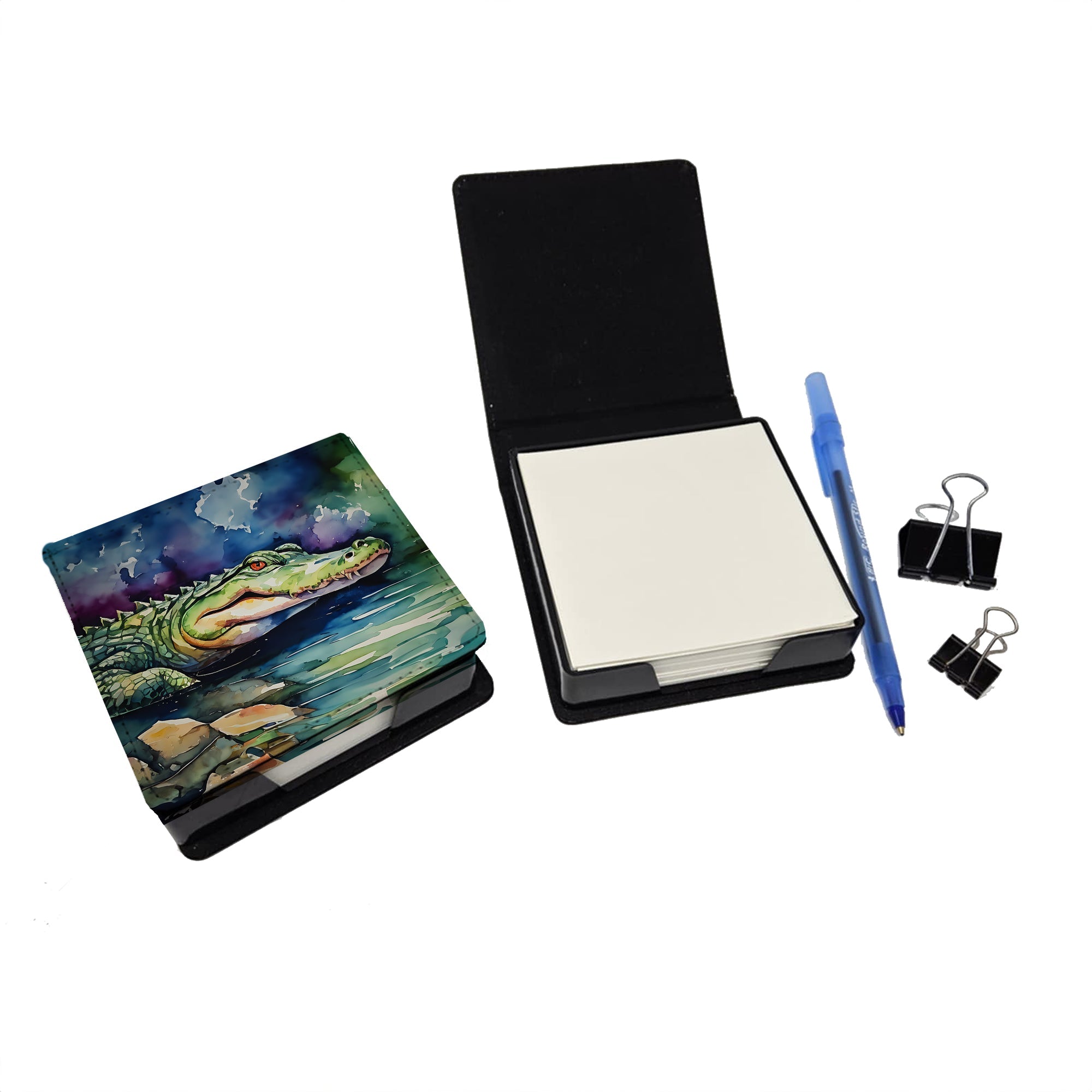 Alligator PU Leather Note Paper Holder with Artist-Designed Cover, Desk Accessory, Office Gift