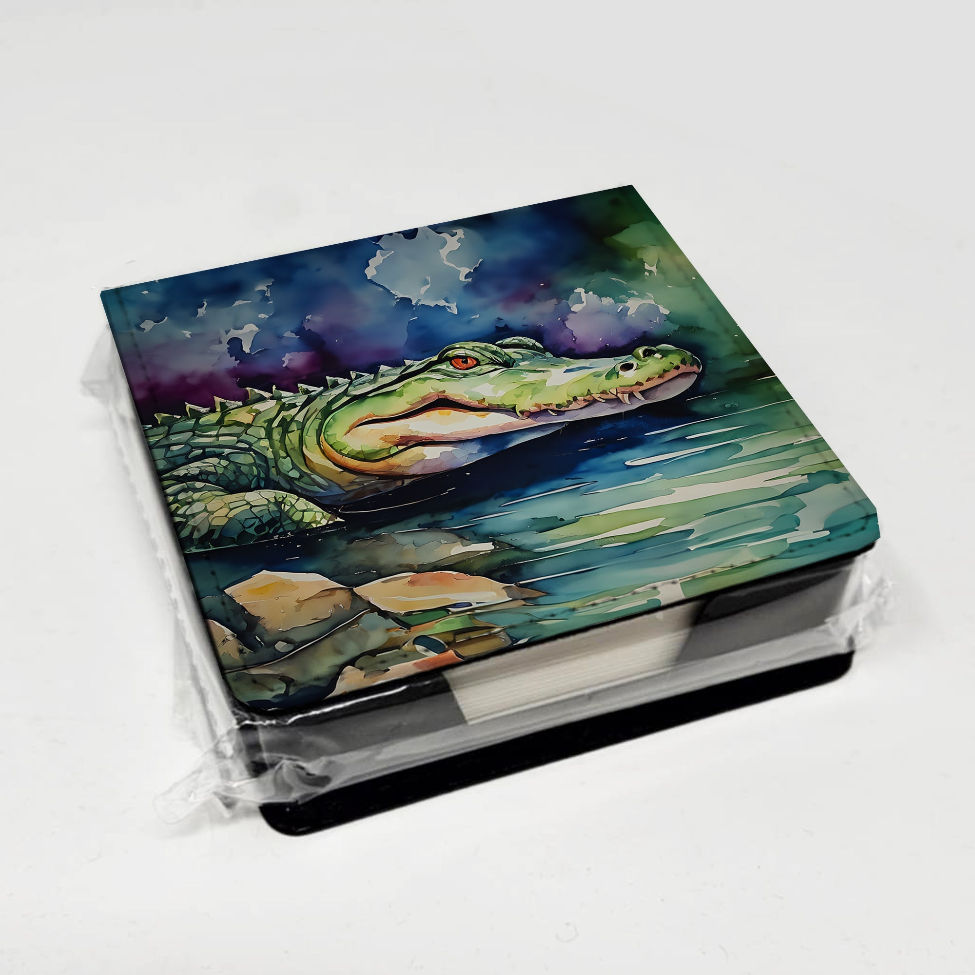 Alligator PU Leather Note Paper Holder with Artist-Designed Cover, Desk Accessory, Office Gift