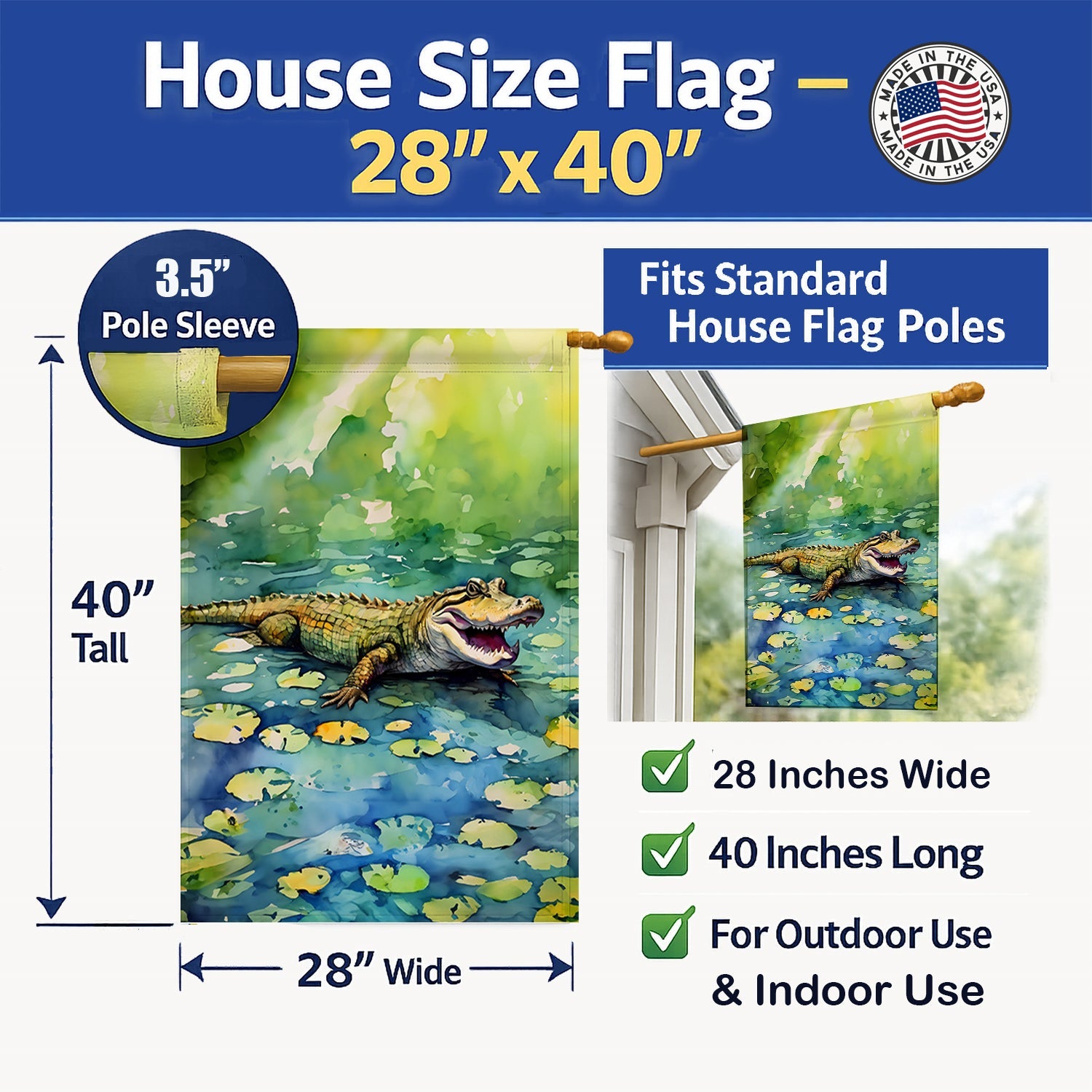 Alligator House Flag 28x40 Porch Sleeve Pole Decorative Outside Yard Banner Artwork Wall Hanging, Polyester