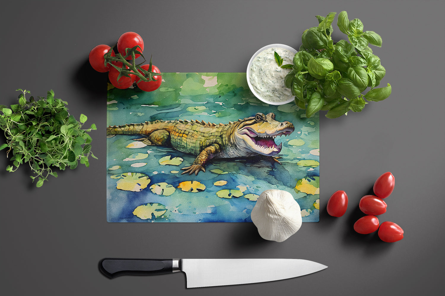 Alligator Cutting Board Tempered Glass Kitchen Cutting Surface, Heat Resistant Chopping, Non-Slip Feet, Food Prep & Serving