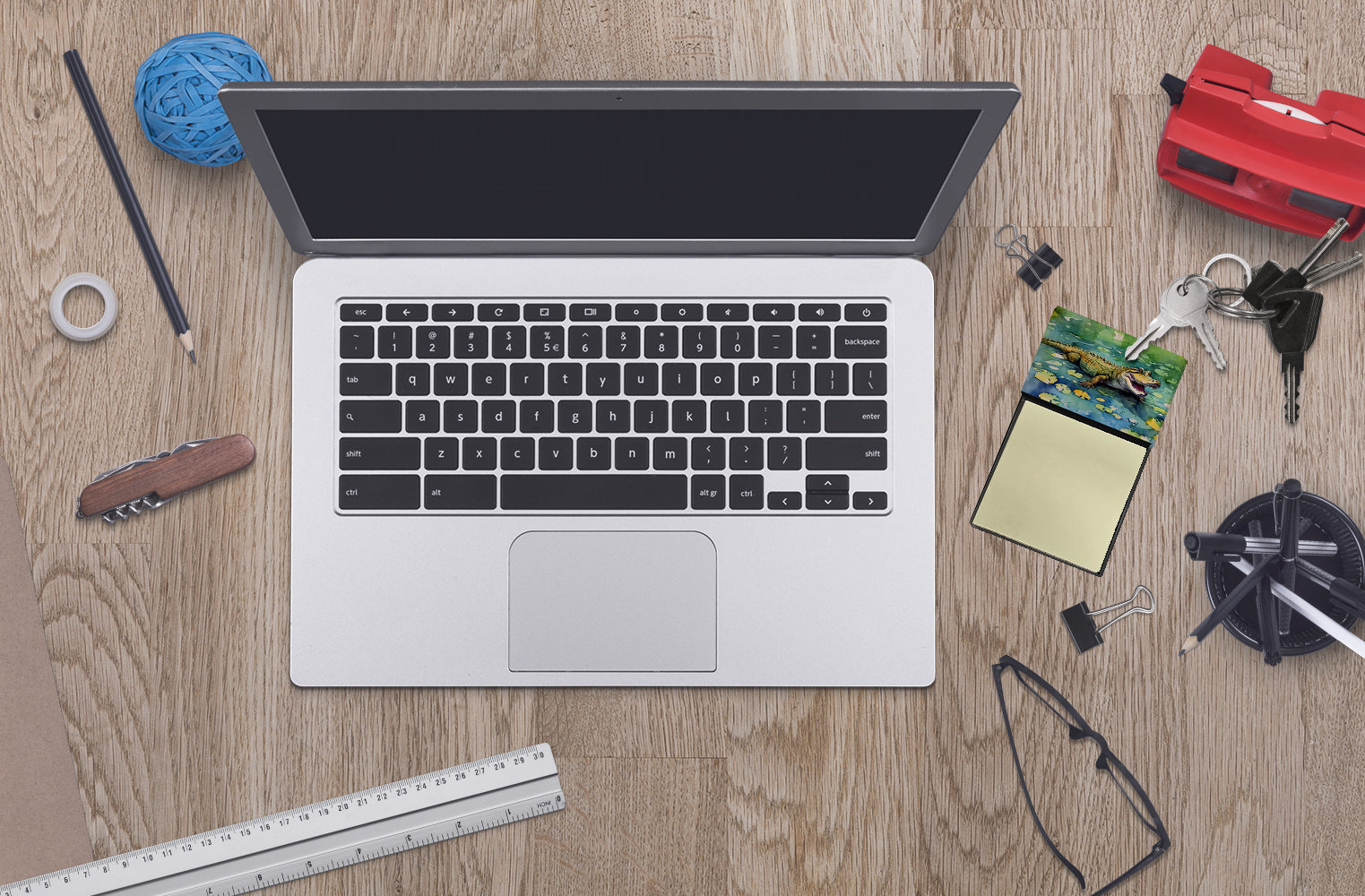 Alligator Watercolor Sticky Note Holder Refillable Dispenser Desk Accessory 3x3 Pad Gift