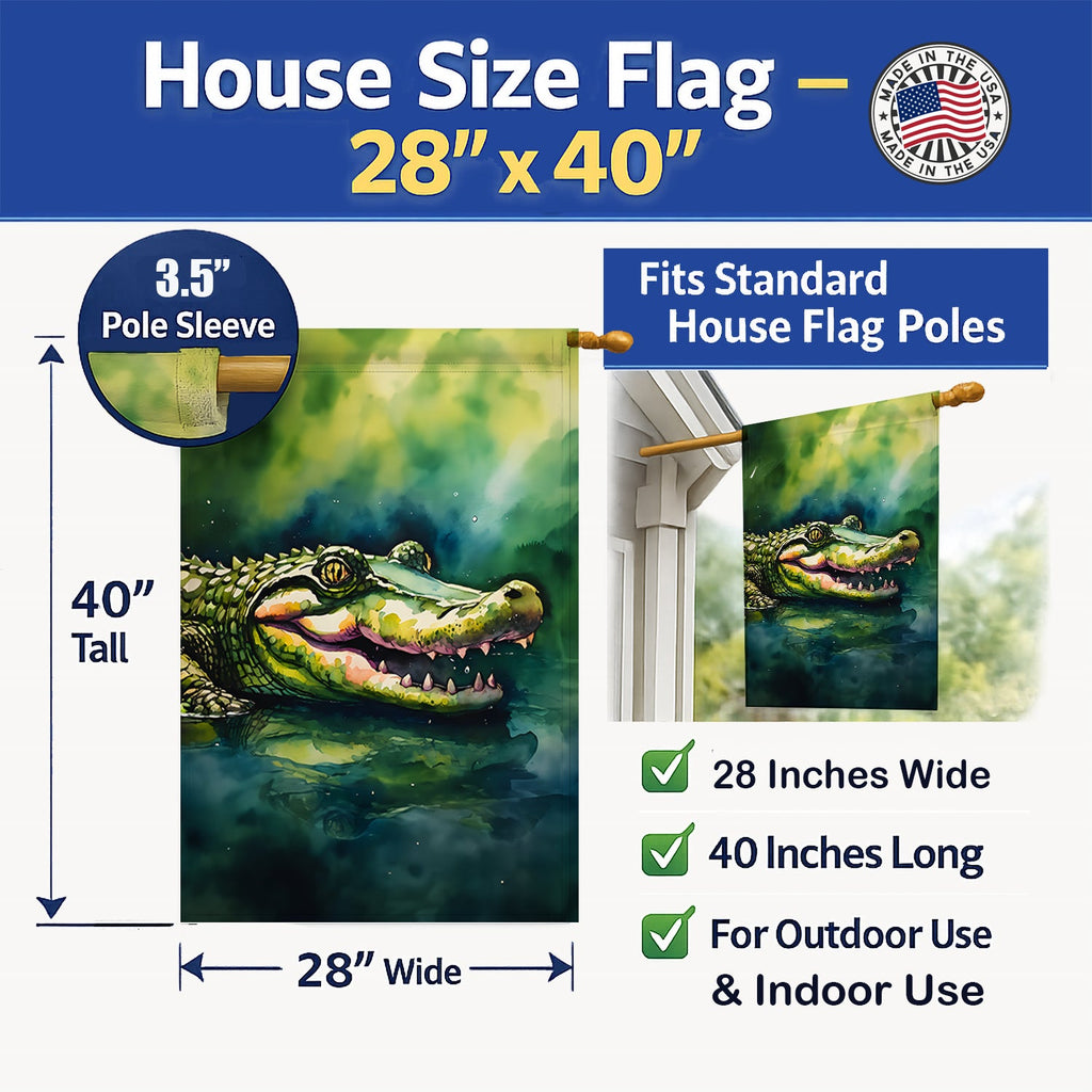 Alligator House Flag 28x40 Porch Sleeve Pole Decorative Outside Yard Banner Artwork Wall Hanging, Polyester