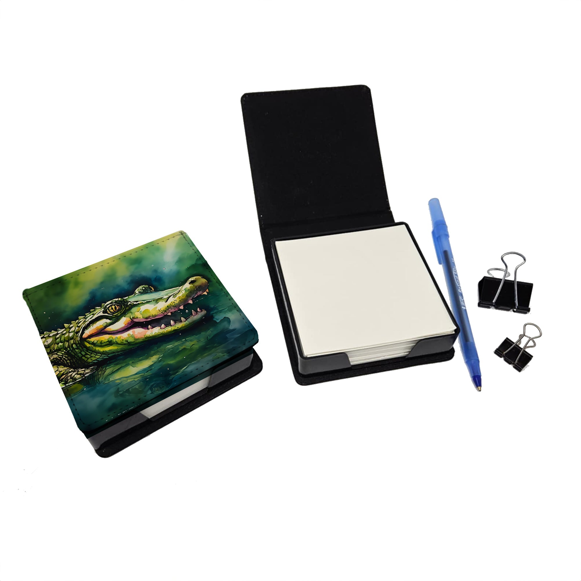 Alligator PU Leather Note Paper Holder with Artist-Designed Cover, Desk Accessory, Office Gift