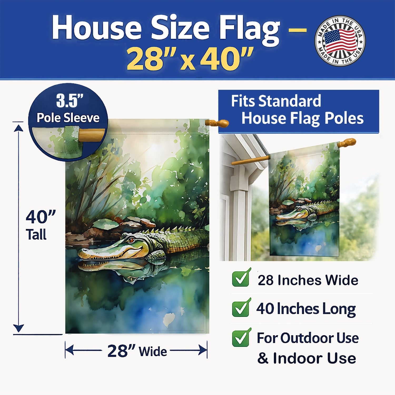 Alligator House Flag 28x40 Porch Sleeve Pole Decorative Outside Yard Banner Artwork Wall Hanging, Polyester