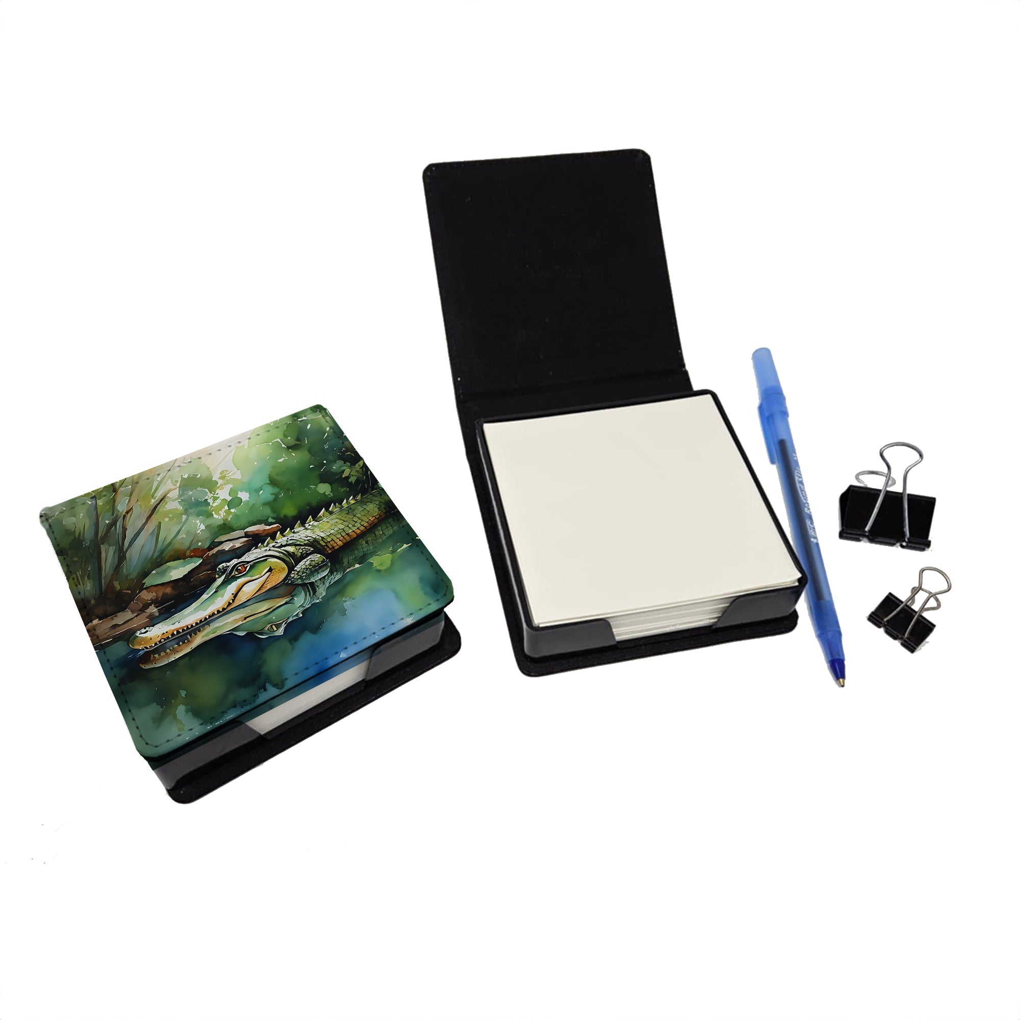 Alligator PU Leather Note Paper Holder with Artist-Designed Cover, Desk Accessory, Office Gift