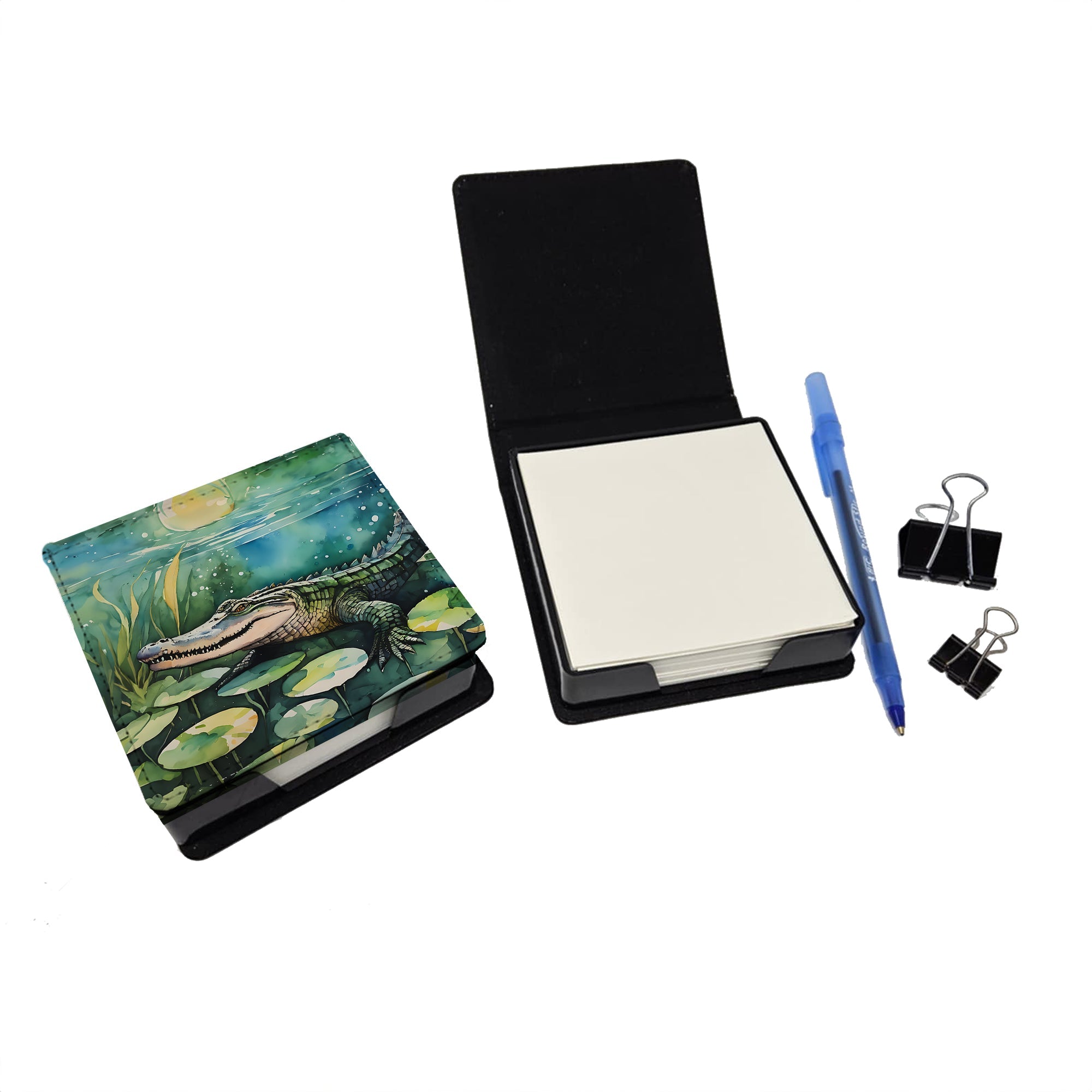 Alligator PU Leather Note Paper Holder with Artist-Designed Cover, Desk Accessory, Office Gift