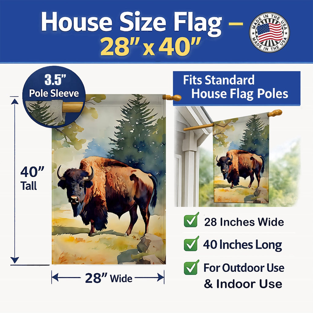 American Bison House Flag 28x40 Porch Sleeve Pole Decorative Outside Yard Banner Artwork Wall Hanging, Polyester
