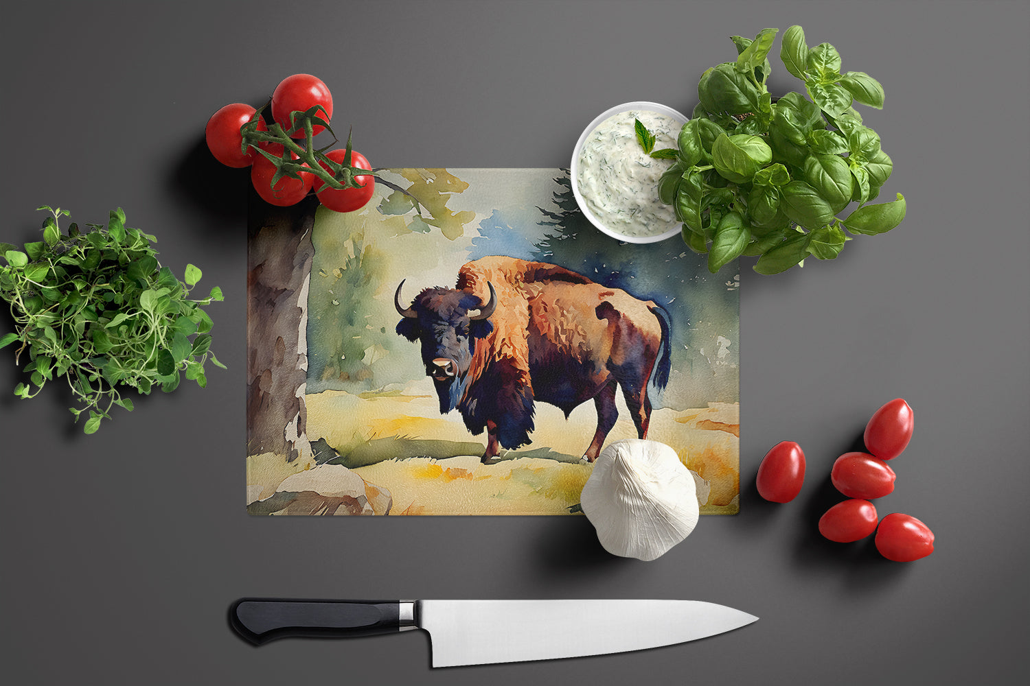 American Bison Cutting Board Tempered Glass Kitchen Cutting Surface, Heat Resistant Chopping, Non-Slip Feet, Food Prep & Serving