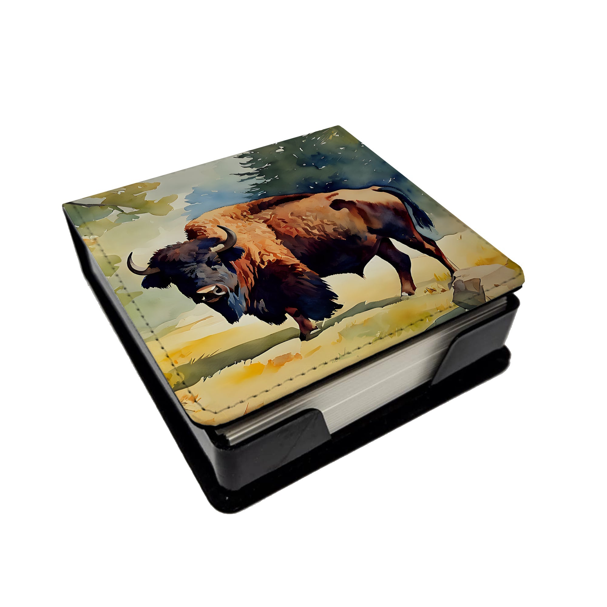 American Bison PU Leather Note Paper Holder with Artist-Designed Cover, Desk Accessory, Office Gift
